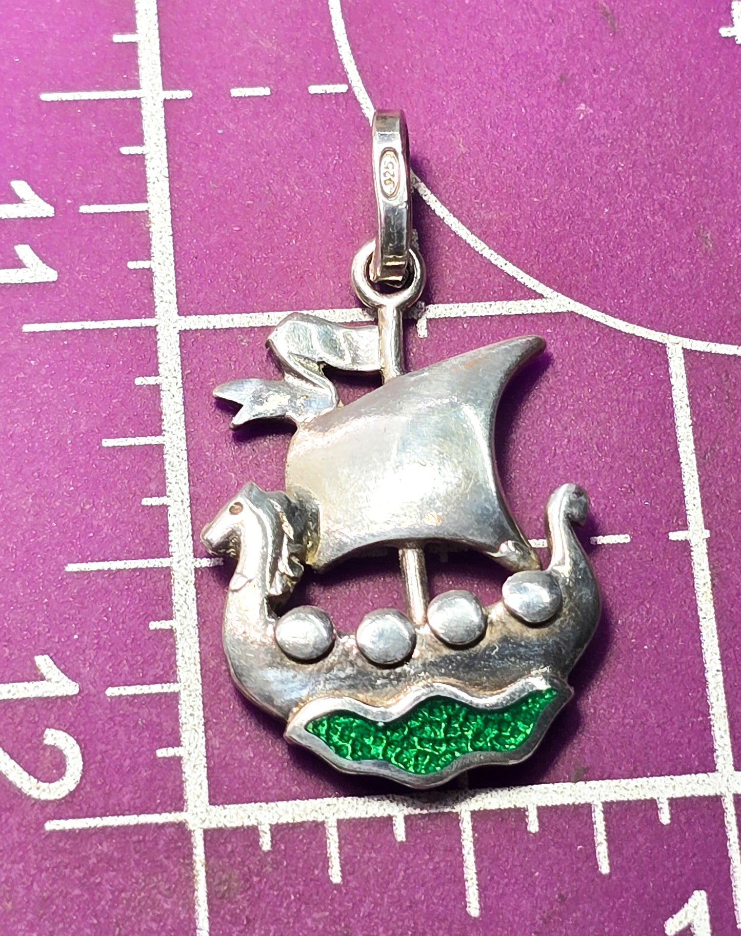 Viking ship Guilloche Norway Sterling Silver Green Enameled stamped pendant