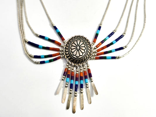 Liquid silver colored Heishi tube bead Native American sterling silver concho necklace