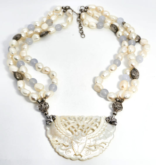 Mother of Pearl carved moth BJ pearl opalite three strand beaded sterling silver necklace