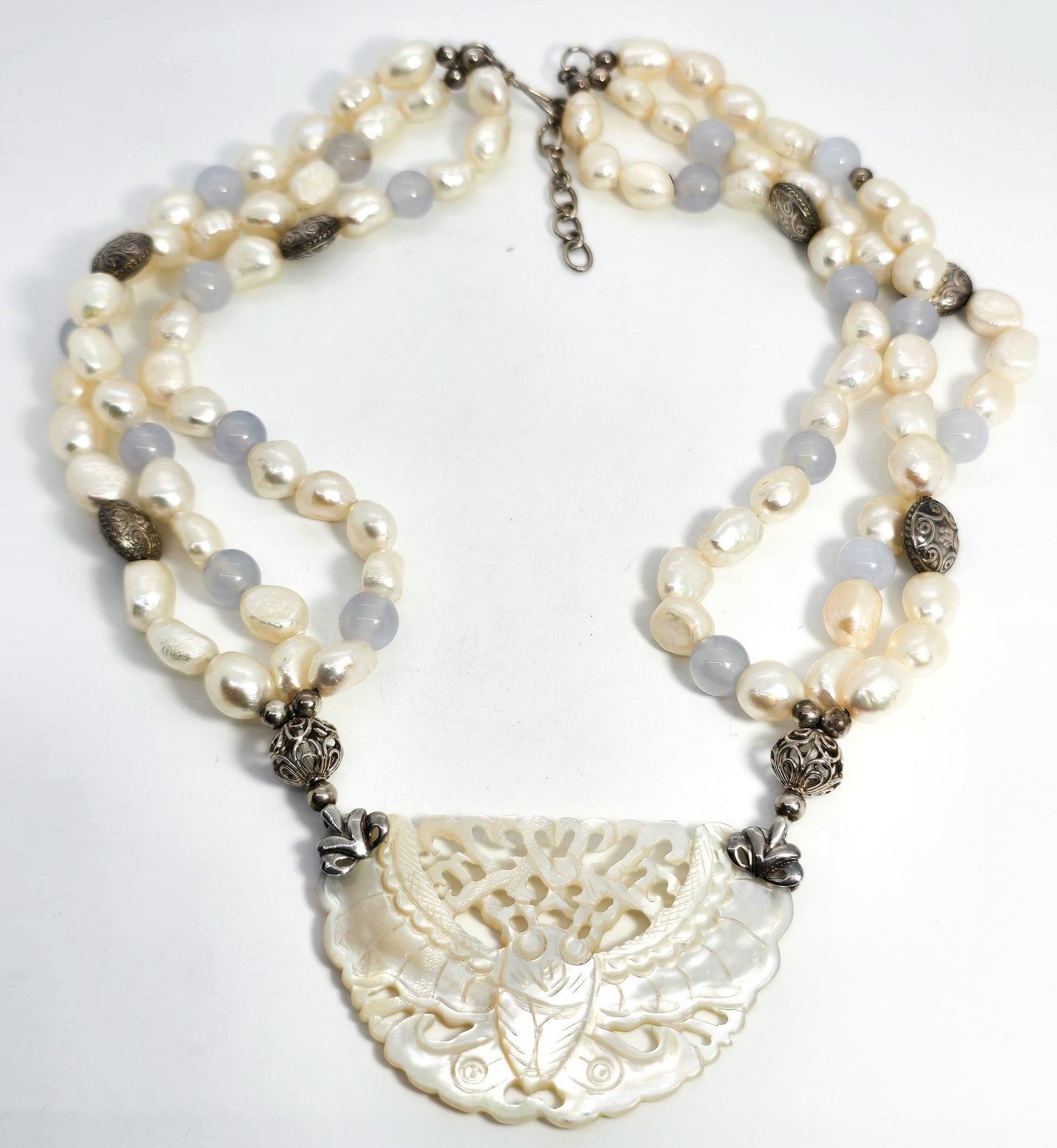 Mother of Pearl carved moth BJ pearl opalite three strand beaded sterling silver necklace