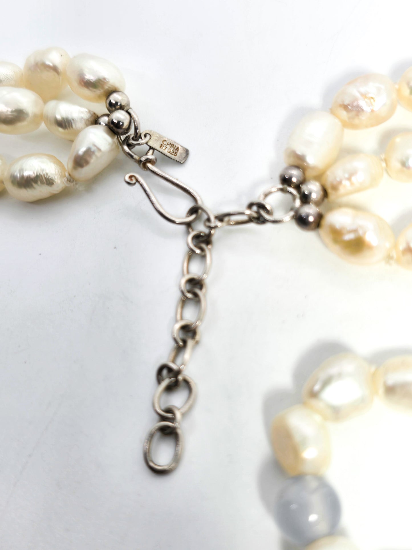 Mother of Pearl carved moth BJ pearl opalite three strand beaded sterling silver necklace