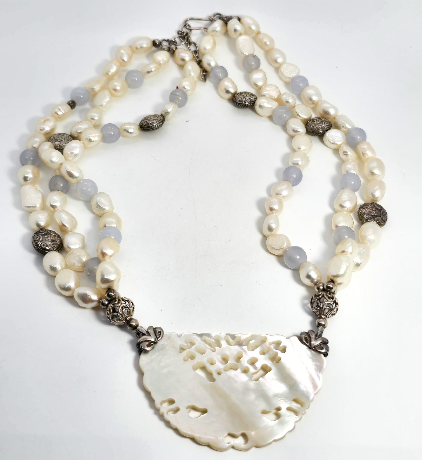 Mother of Pearl carved moth BJ pearl opalite three strand beaded sterling silver necklace
