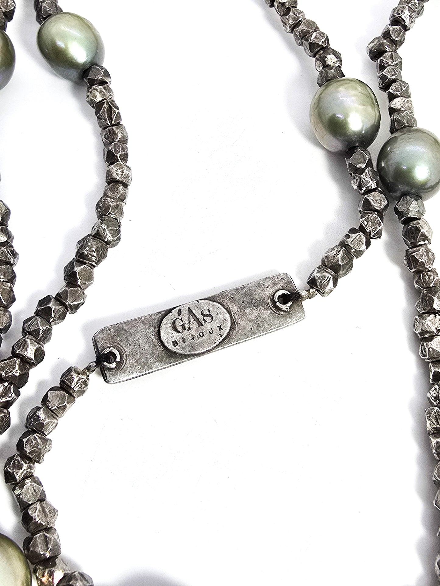 gAs Bijoux long silver plated Tahitian pearl beaded signed designer long necklace