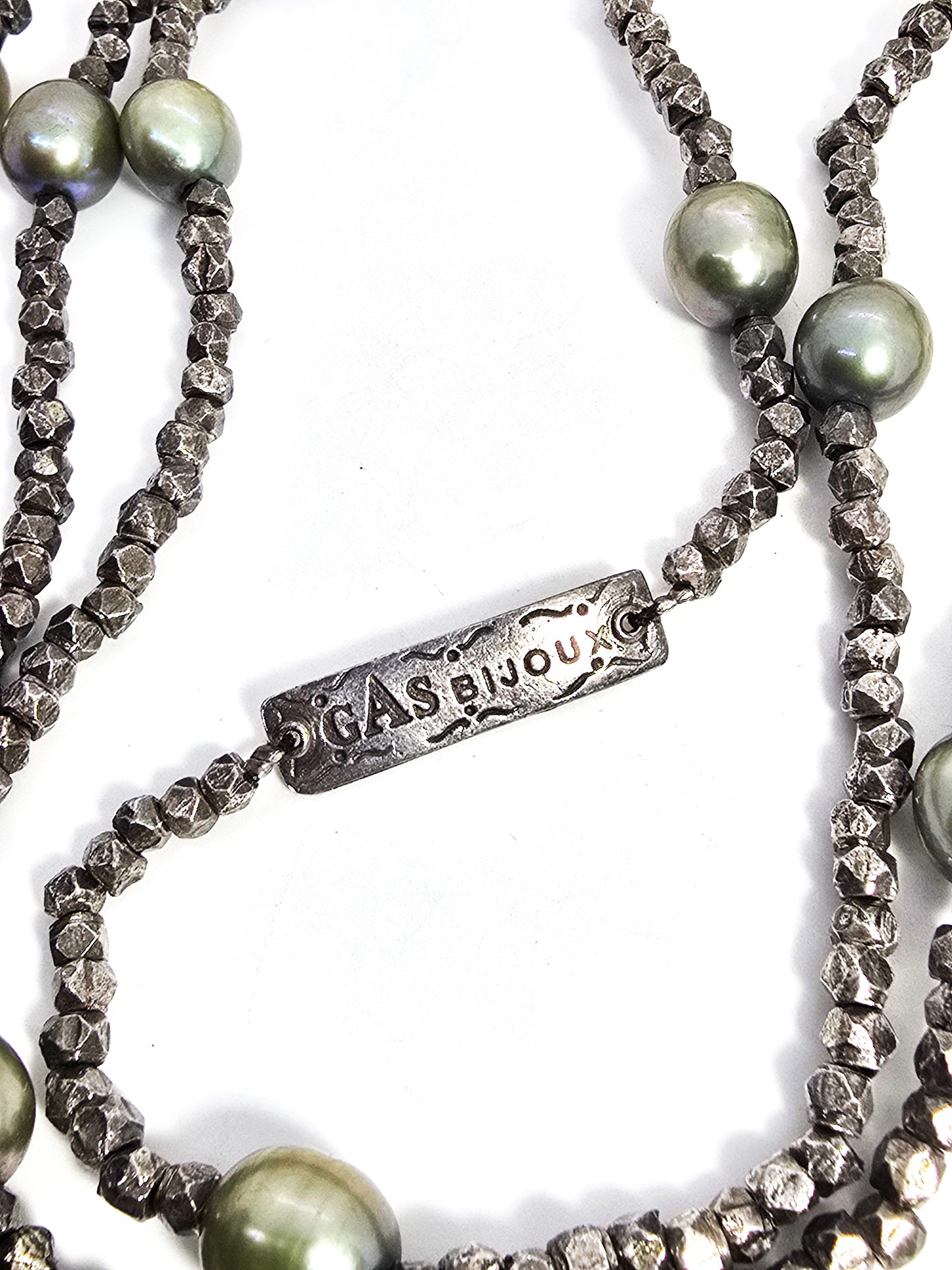 gAs Bijoux long silver plated Tahitian pearl beaded signed designer long necklace