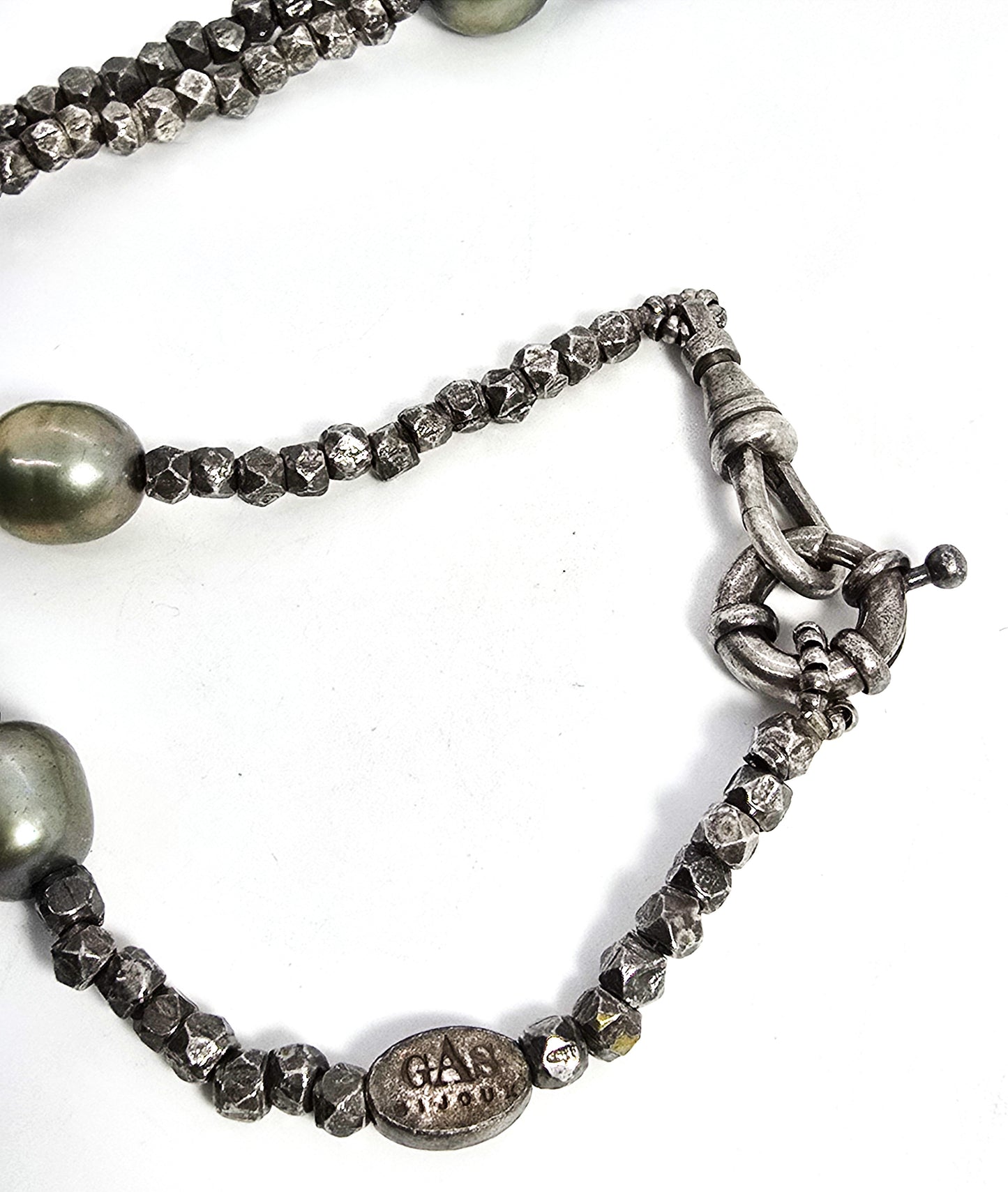 gAs Bijoux long silver plated Tahitian pearl beaded signed designer long necklace