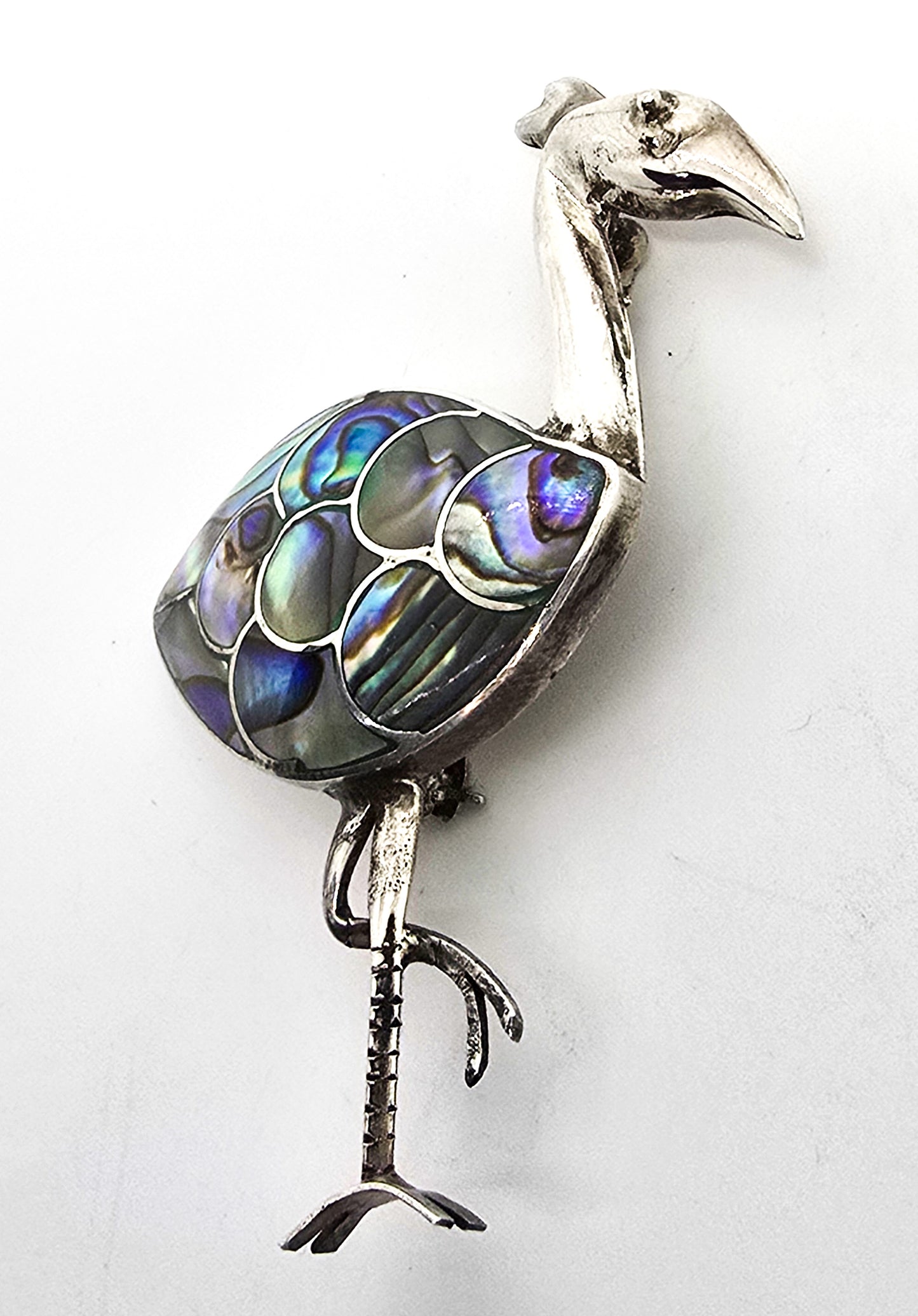 Heron bird avian Abalone Paua shell inlay vintage sterling silver brooch