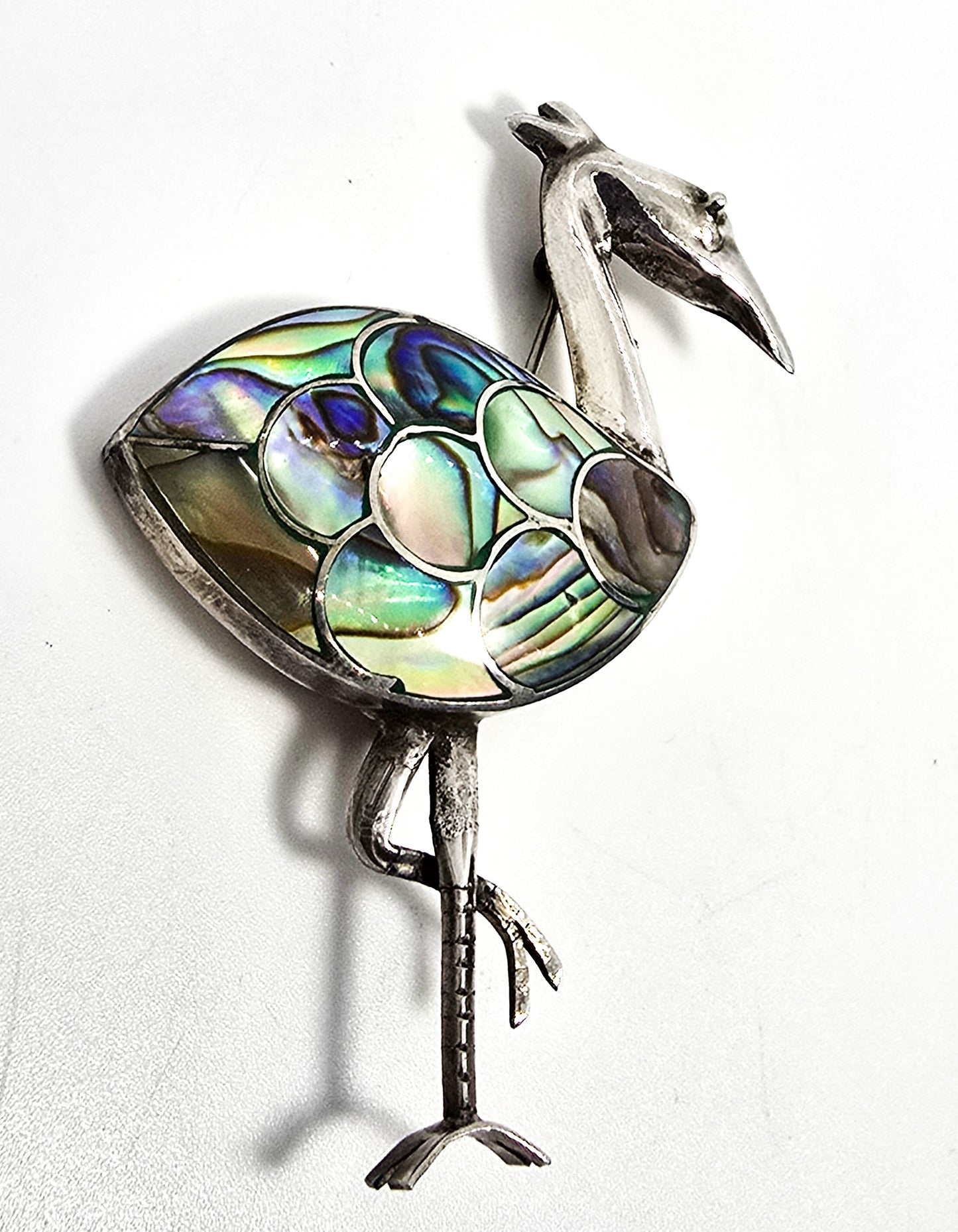 Heron bird avian Abalone Paua shell inlay vintage sterling silver brooch