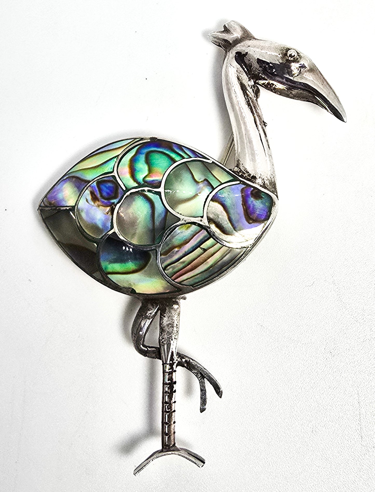 Heron bird avian Abalone Paua shell inlay vintage sterling silver brooch