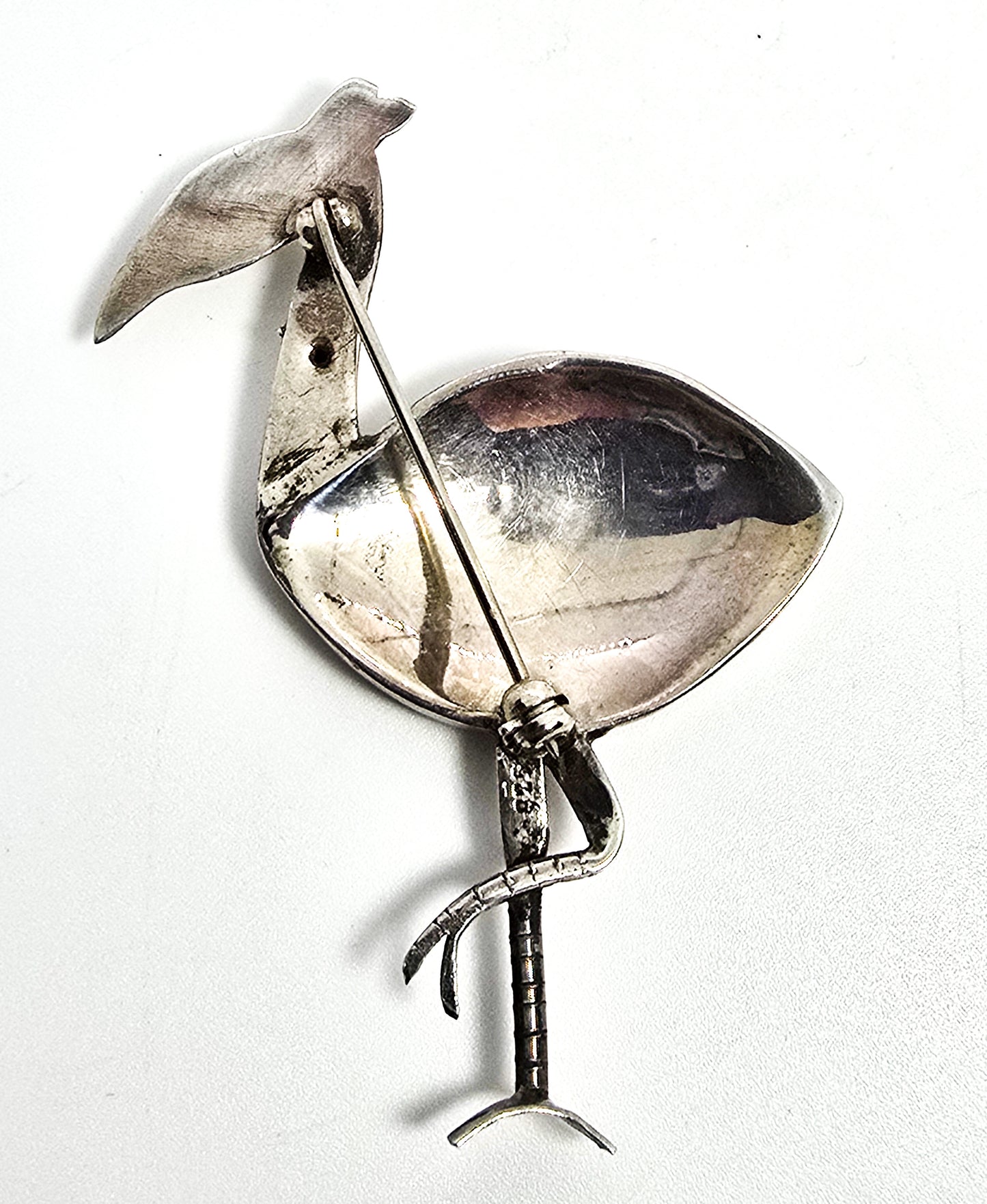Heron bird avian Abalone Paua shell inlay vintage sterling silver brooch