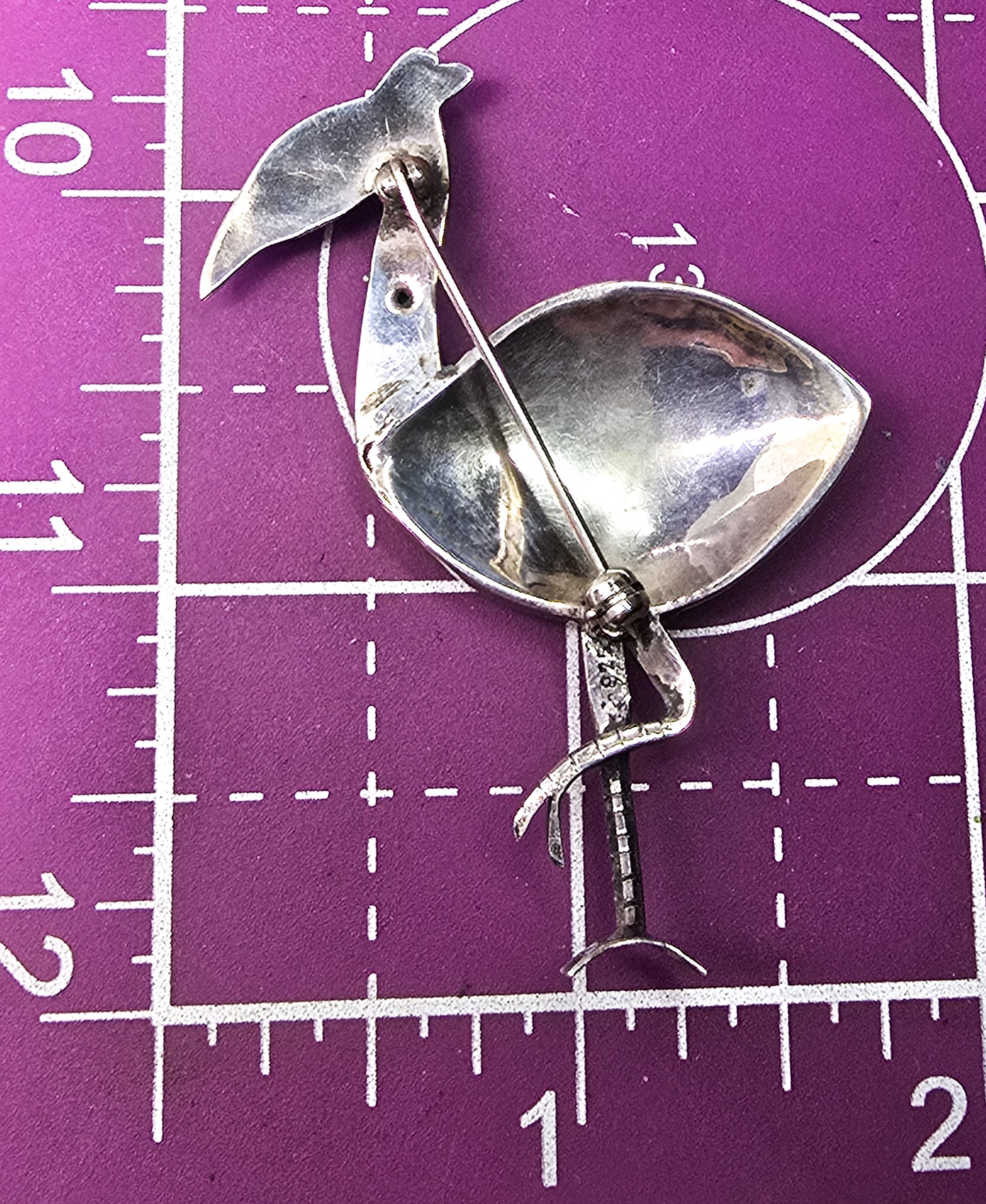 Heron bird avian Abalone Paua shell inlay vintage sterling silver brooch
