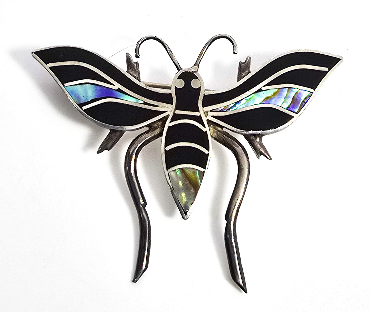 Bee Abalone Paua shell and black onyx inlay vintage sterling silver brooch B
