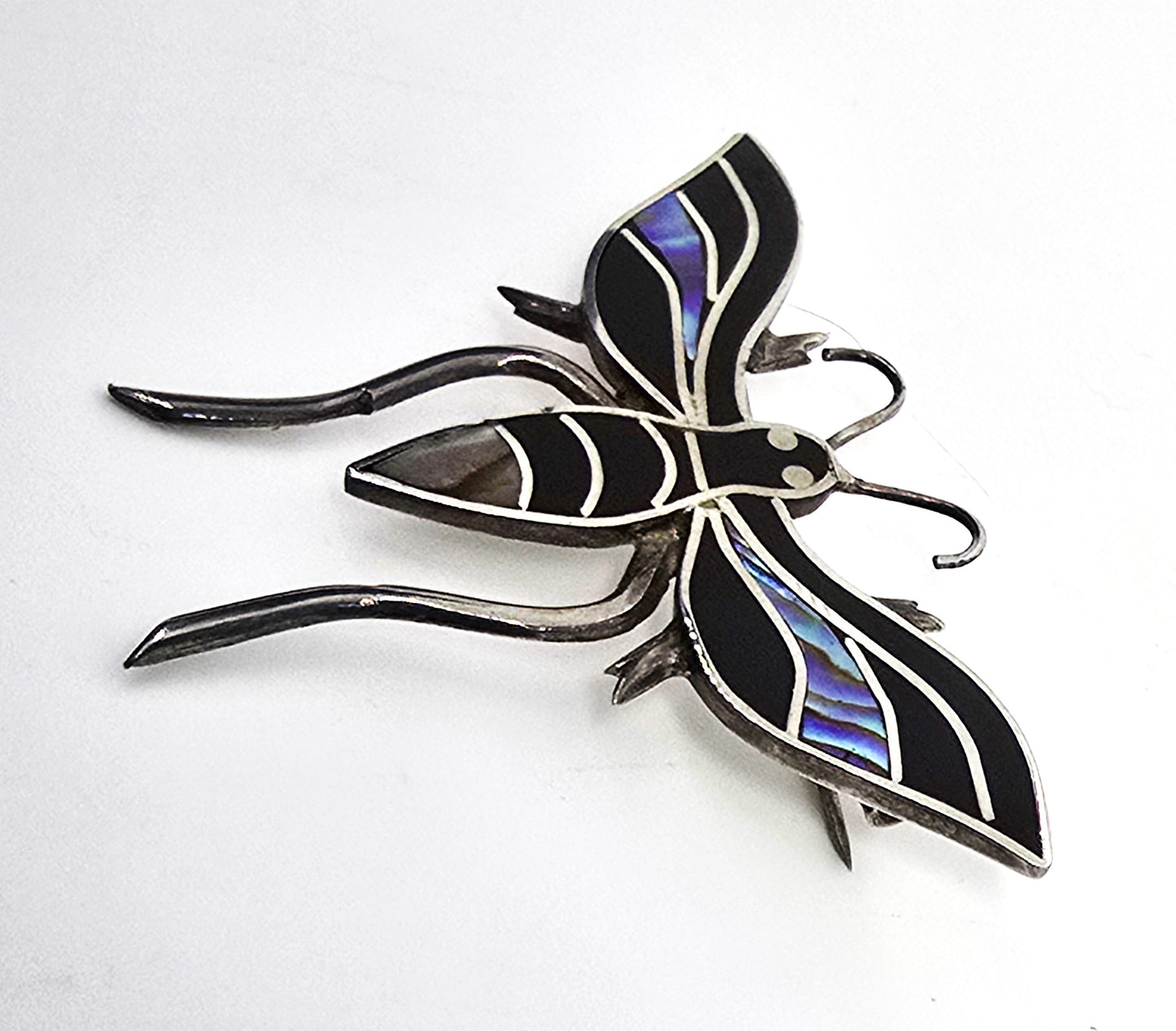 Bee Abalone Paua shell and black onyx inlay vintage sterling silver brooch B