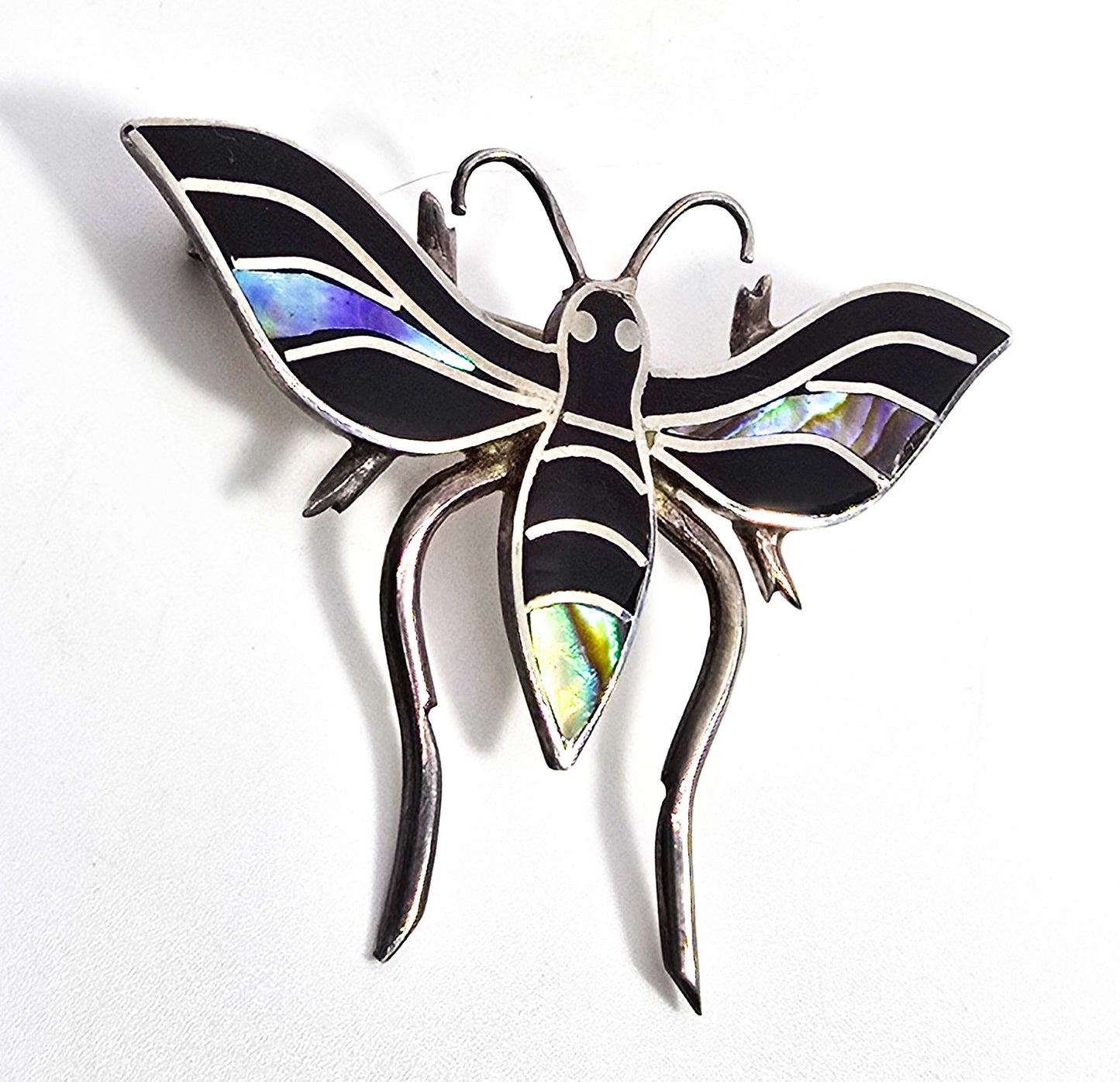 Bee Abalone Paua shell and black onyx inlay vintage sterling silver brooch B