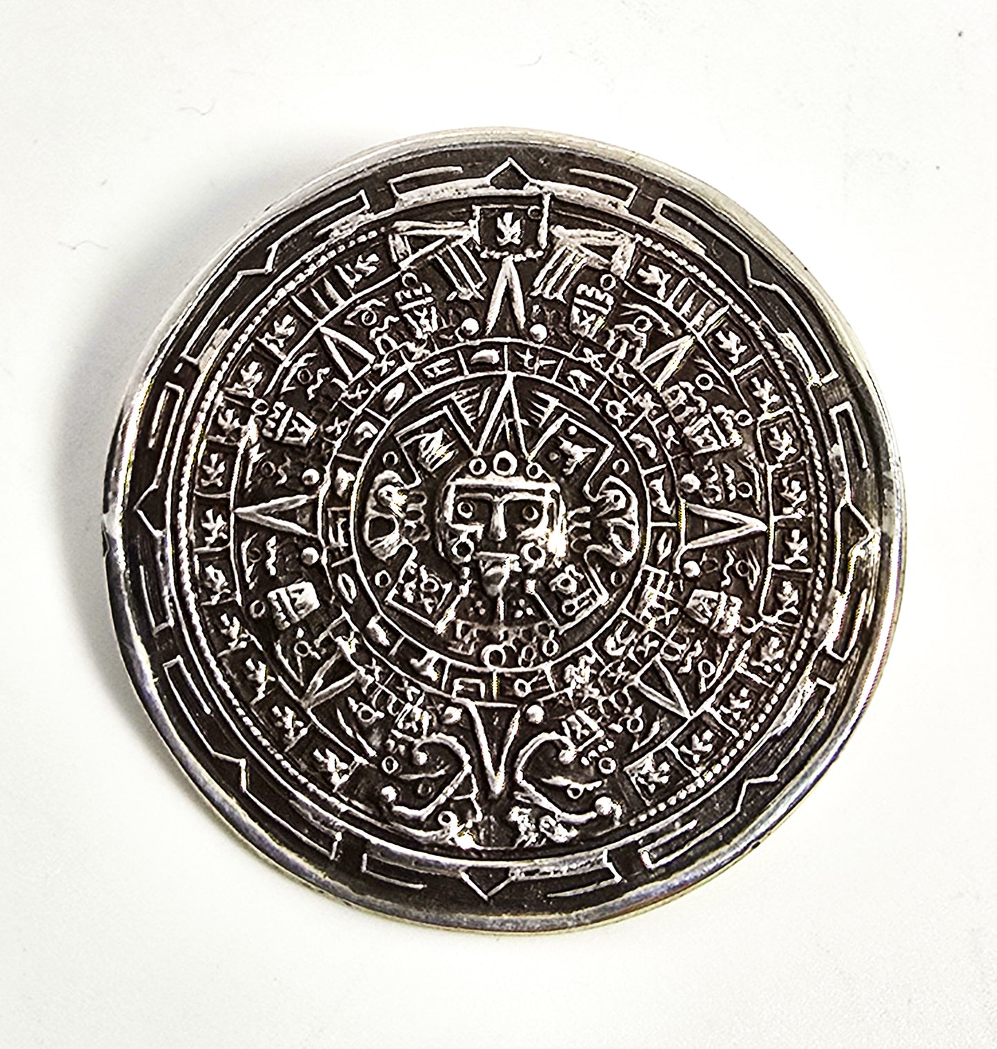Aztec Calendar Taxco Mexico antique eagle mark sterling silver pendant brooch