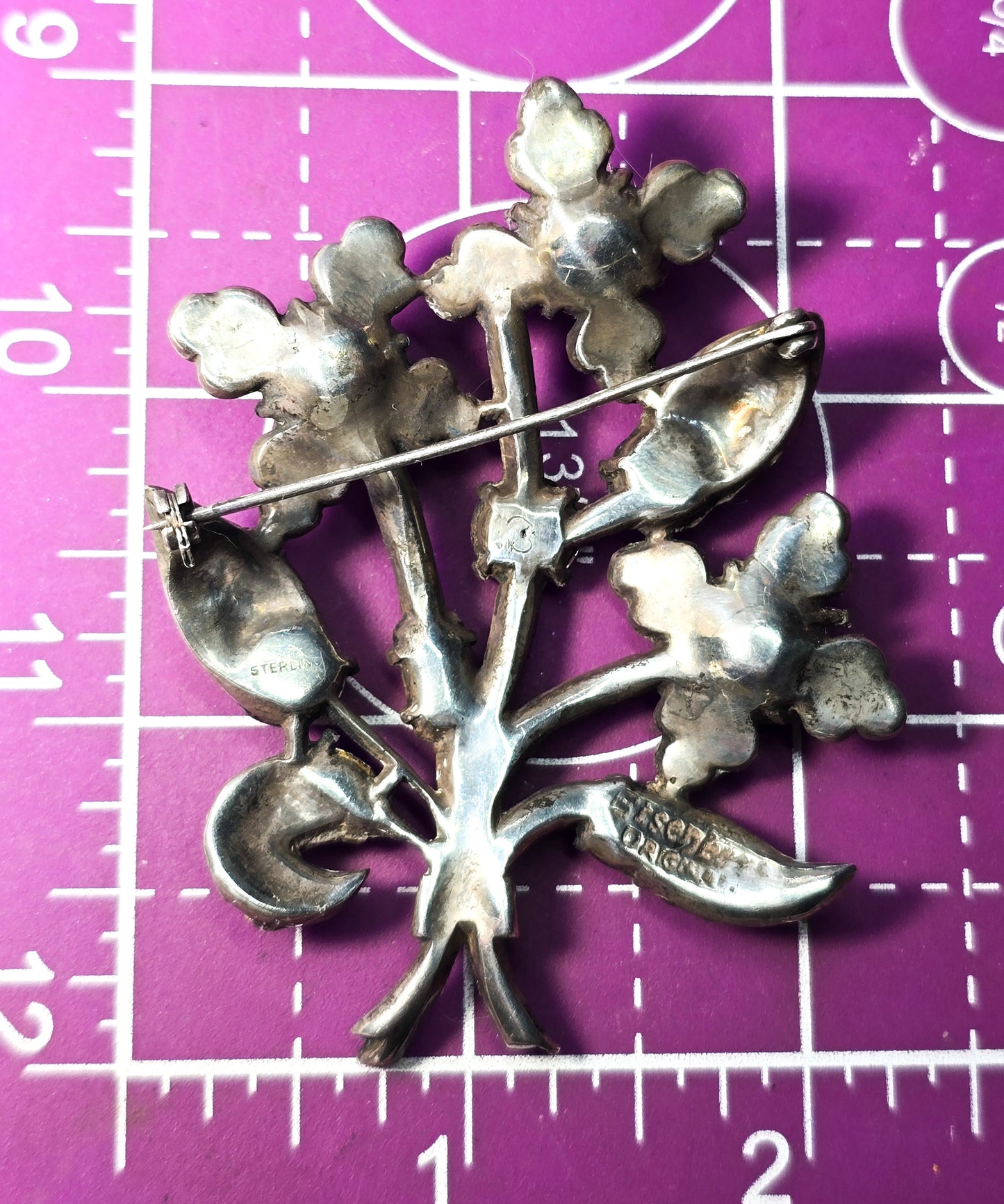 Eisenberg Original Art Deco early signed antique sterling silver large flower brooch