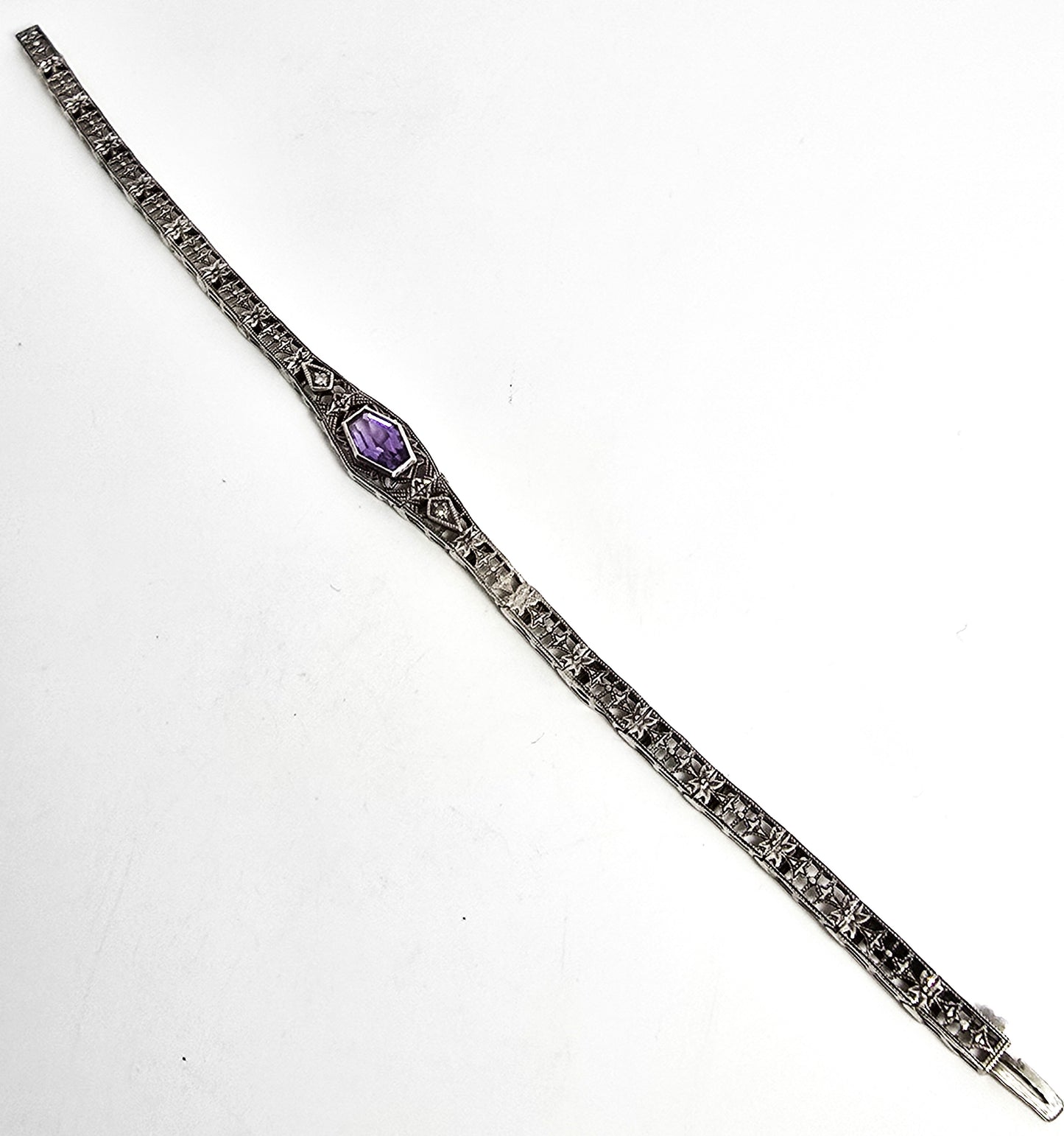 Art Deco style filigree Coffin Amethyst Diamond Vintage brand sterling silver bracelet