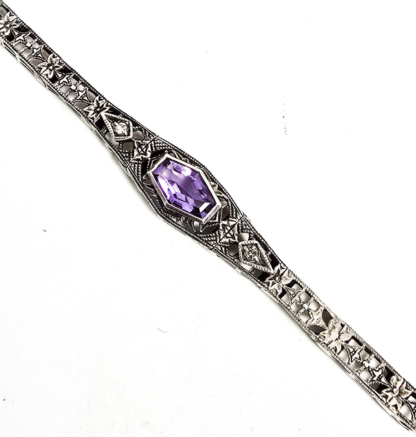 Art Deco style filigree Coffin Amethyst Diamond Vintage brand sterling silver bracelet