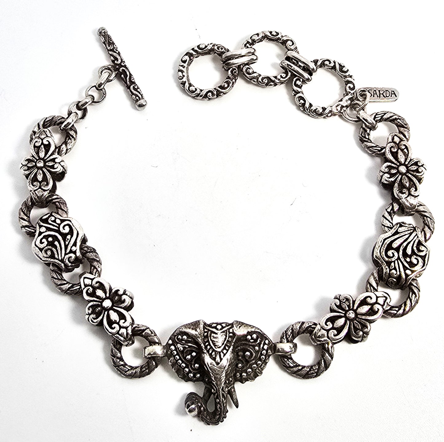 Sarda Sterling Silver Elephant Chain and Link signed bangle bracelet
