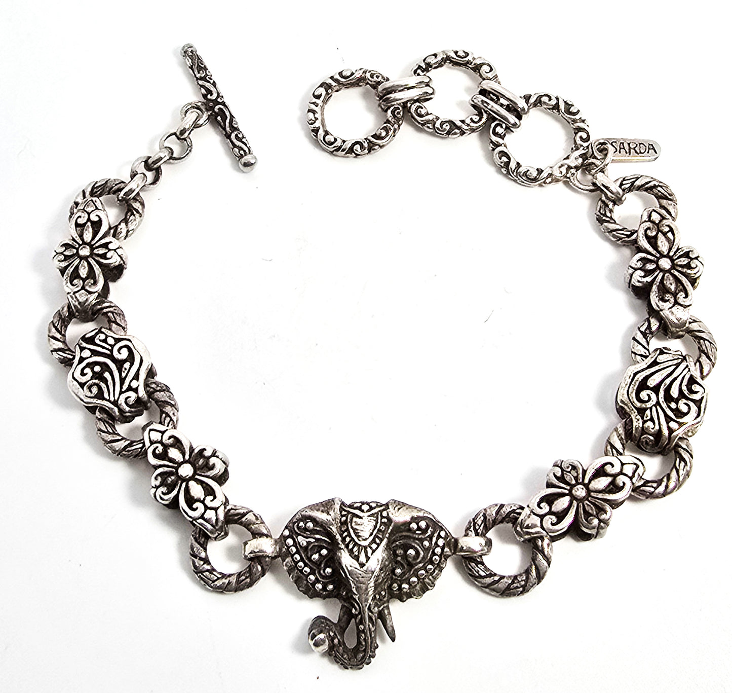 Sarda Sterling Silver Elephant Chain and Link signed bangle bracelet