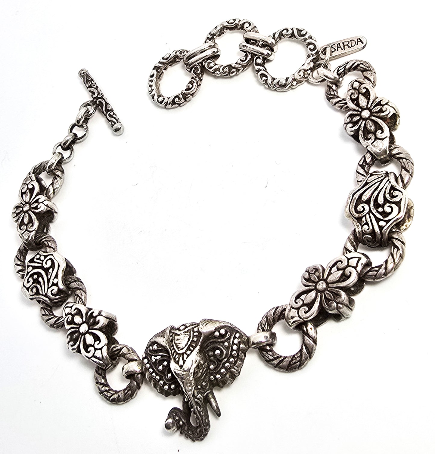 Sarda Sterling Silver Elephant Chain and Link signed bangle bracelet