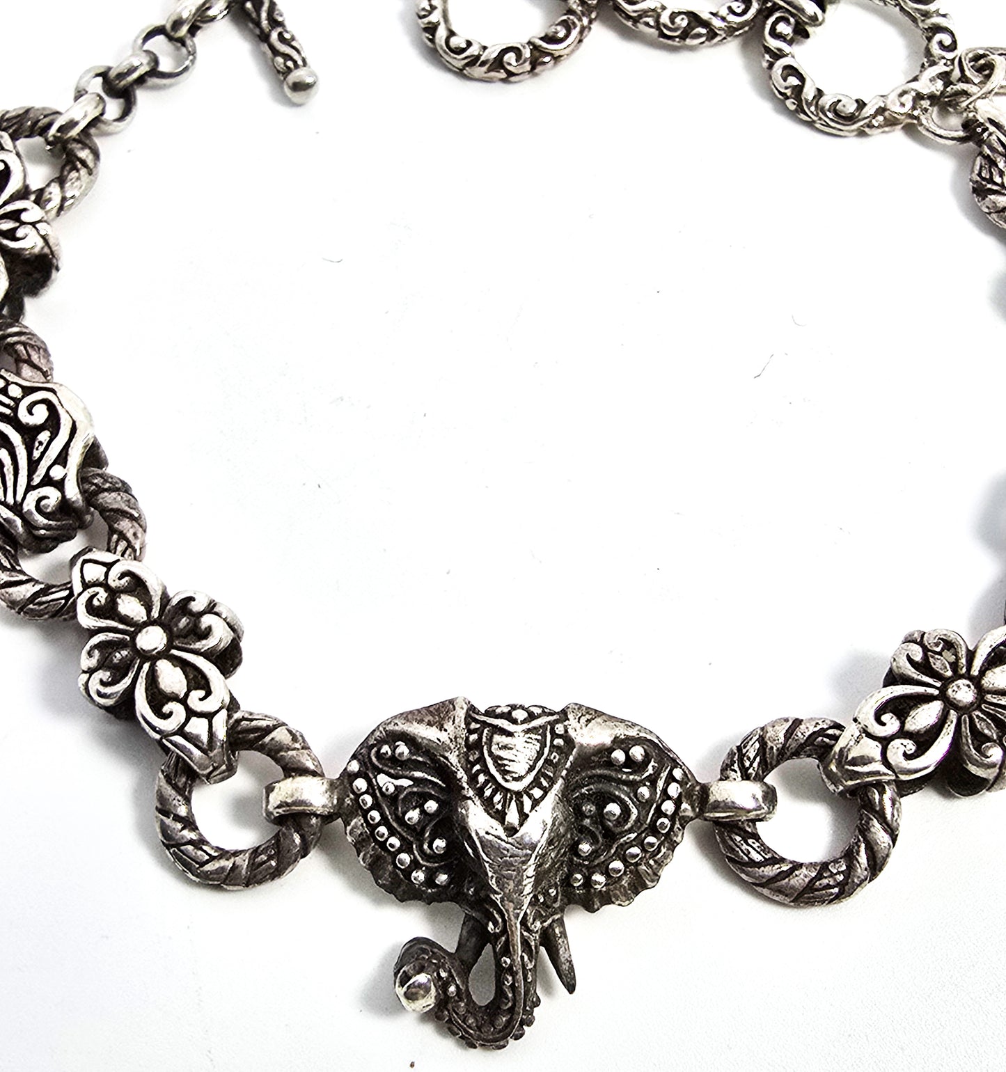 Sarda Sterling Silver Elephant Chain and Link signed bangle bracelet