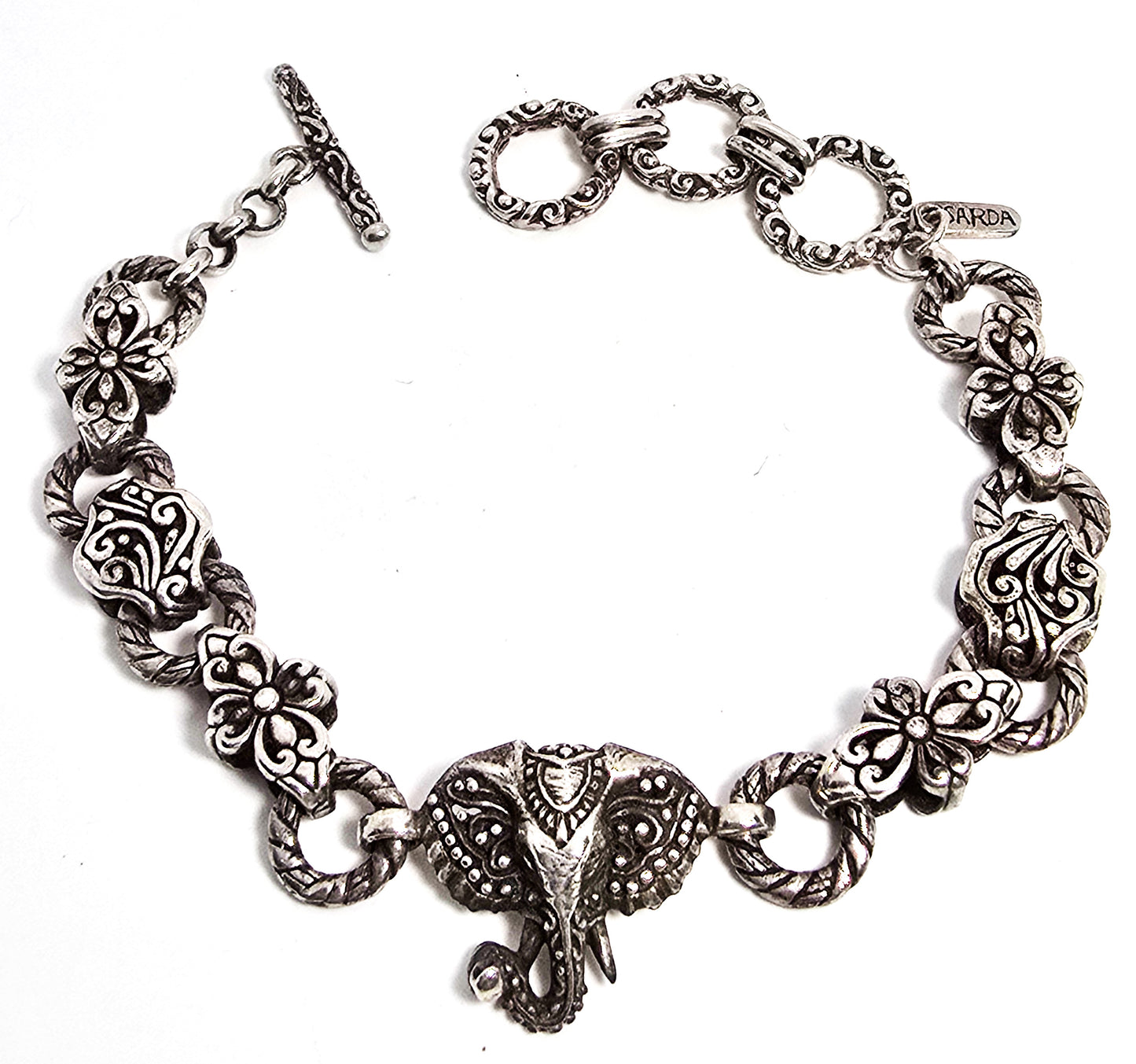 Sarda Sterling Silver Elephant Chain and Link signed bangle bracelet