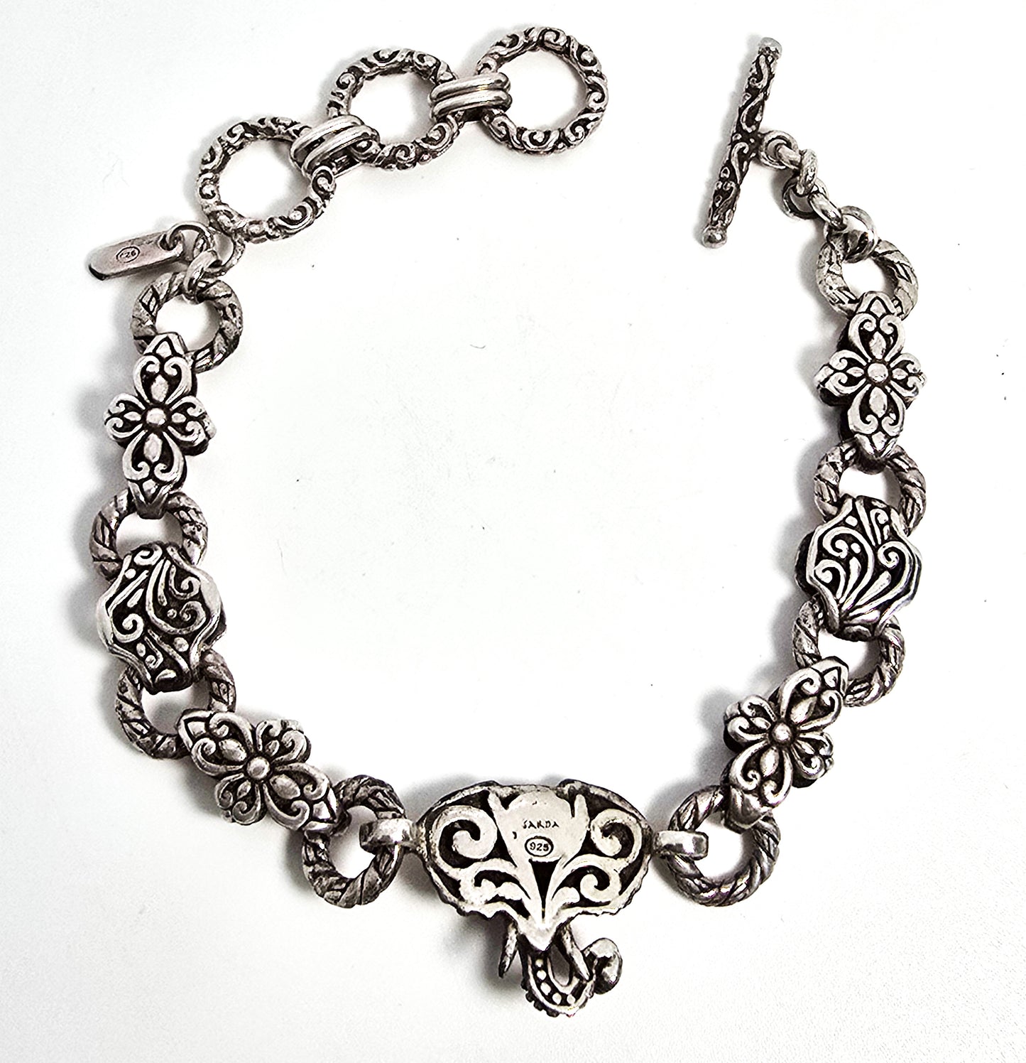 Sarda Sterling Silver Elephant Chain and Link signed bangle bracelet