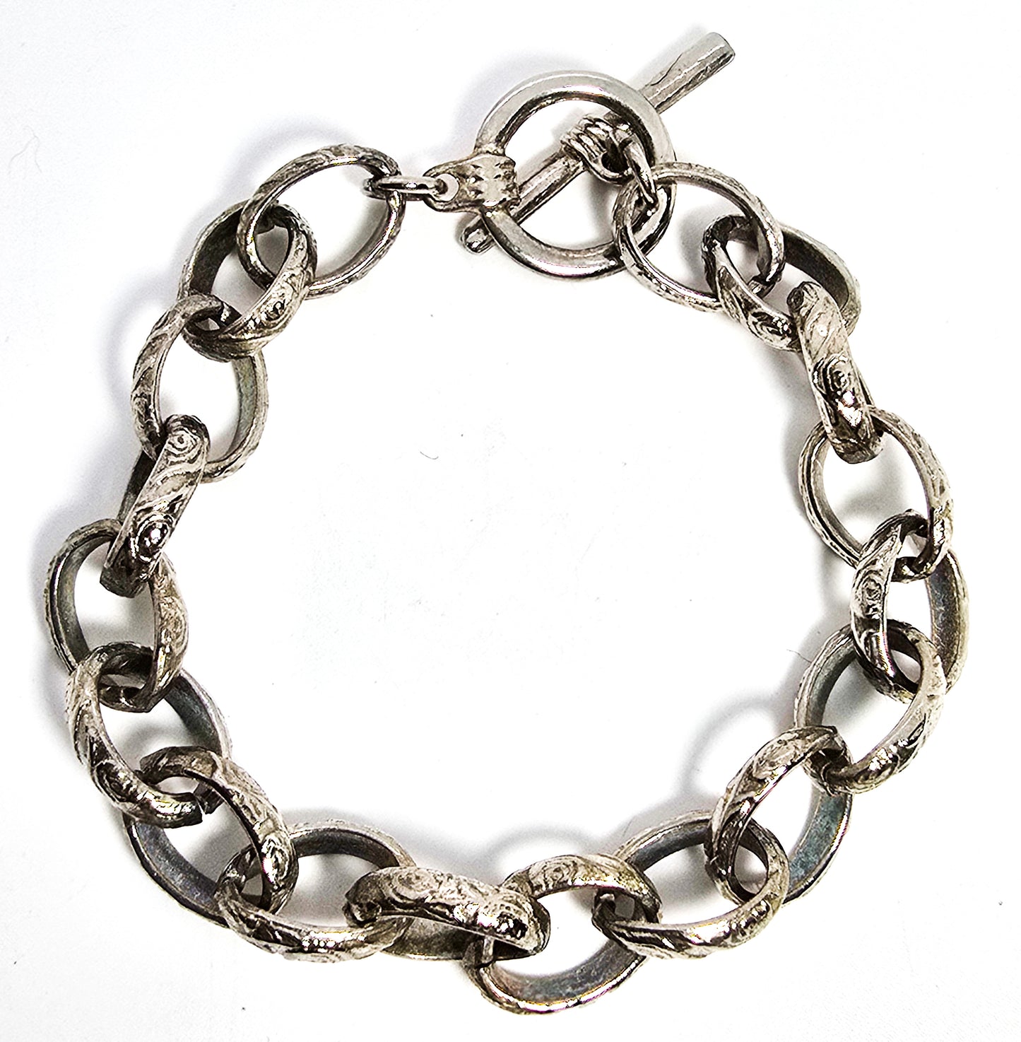 Vintage Art Deco style Embossed large link silver toned toggle clasp bracelet