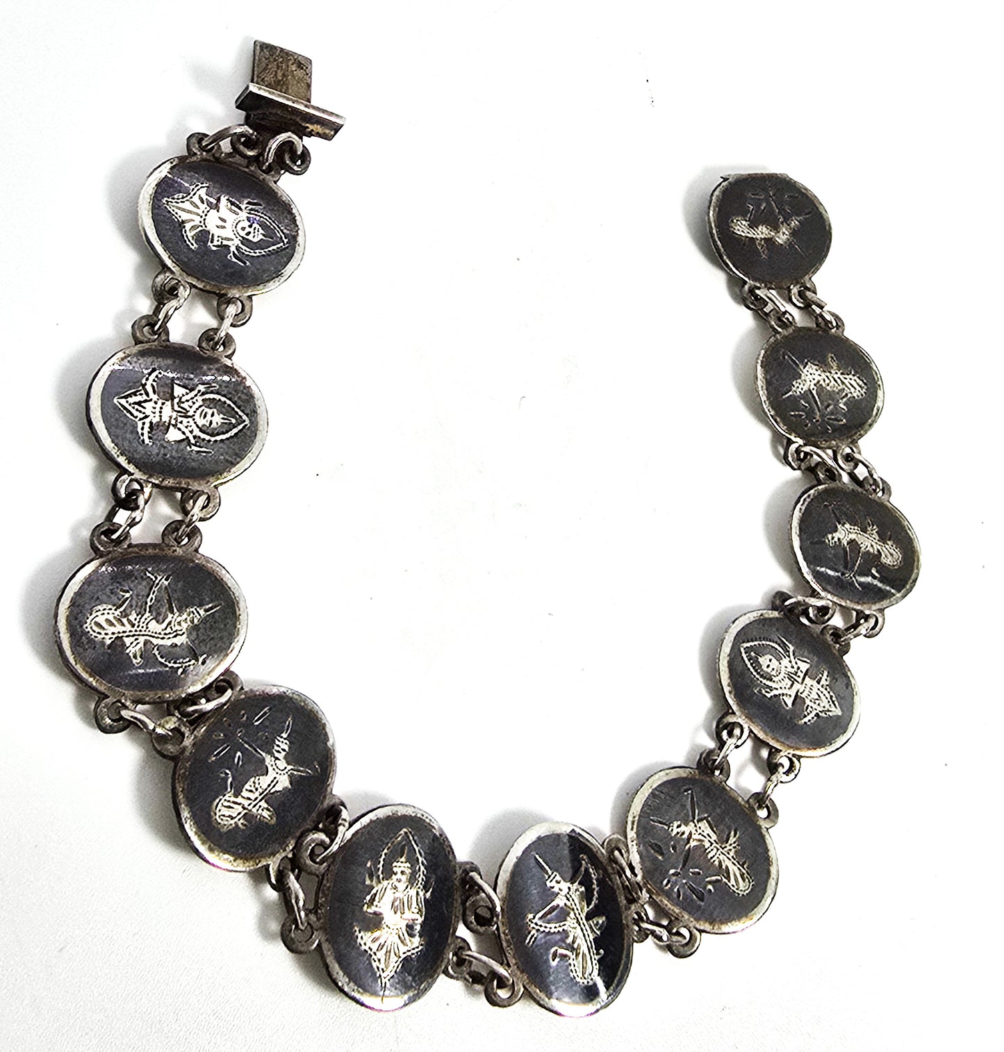 Siam Black Nielloware enamel oval goddess vintage sterling silver bracelet