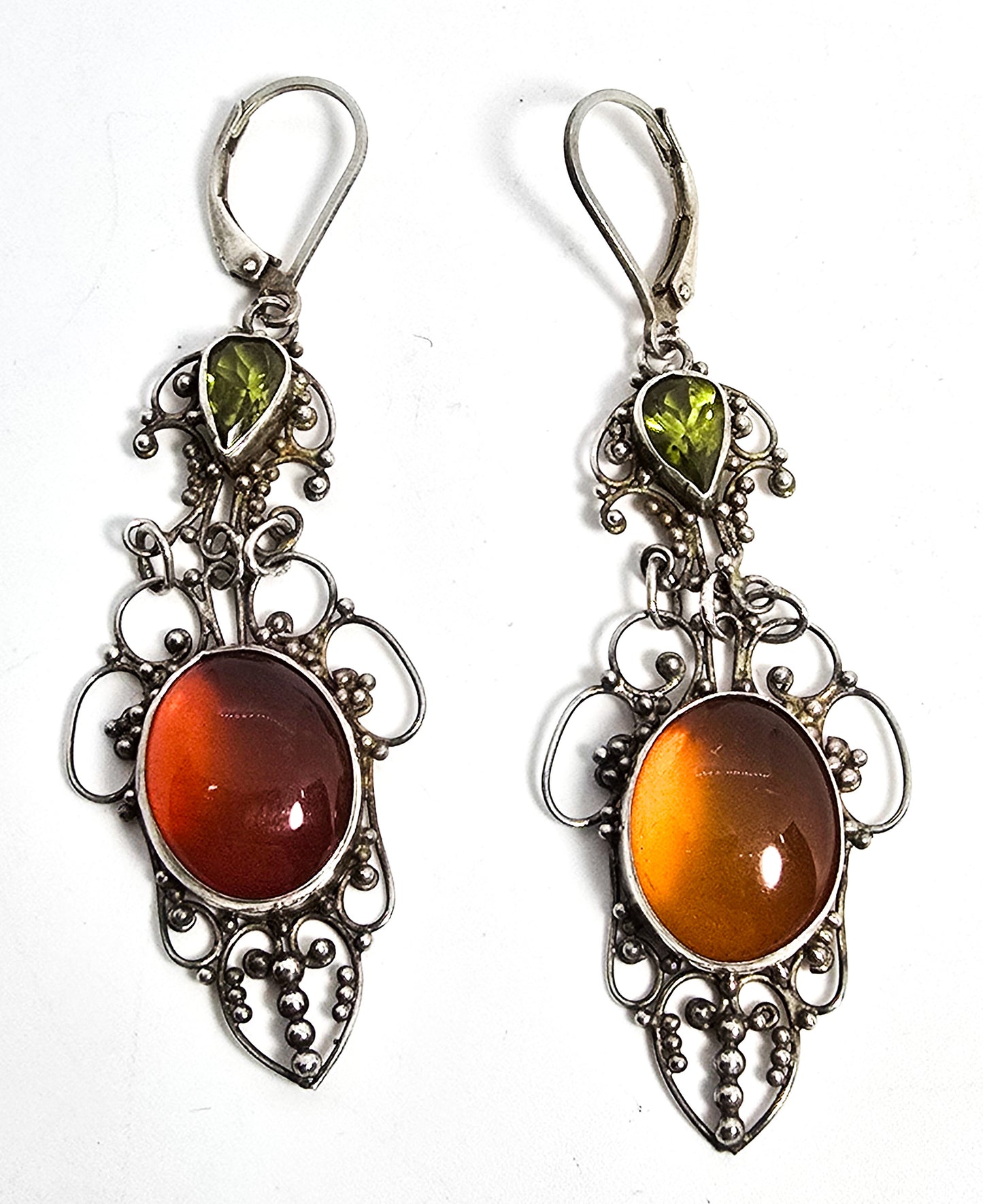 Green peridot and amber filigree sterling silver lever back long drop earrings