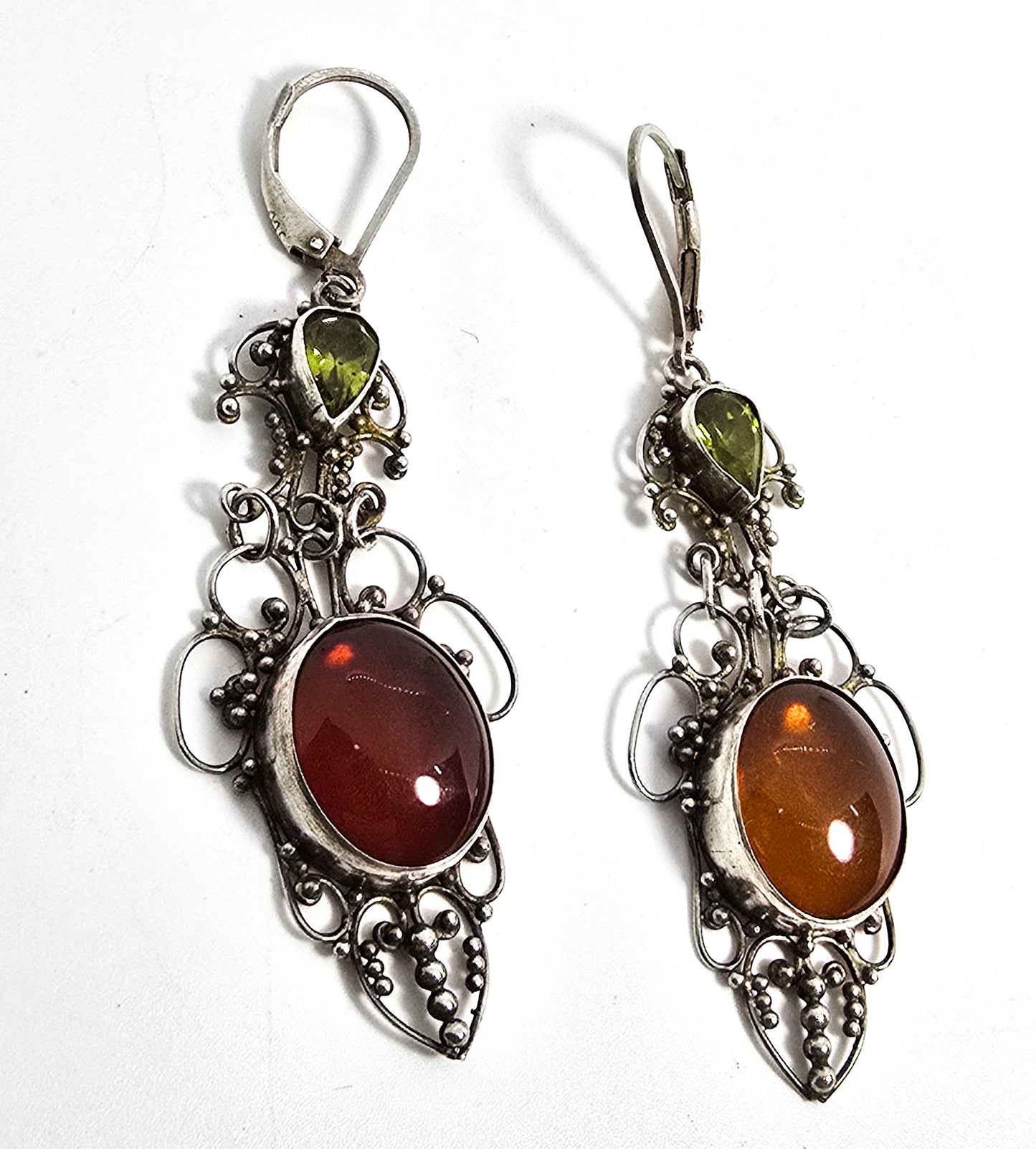 Green peridot and amber filigree sterling silver lever back long drop earrings