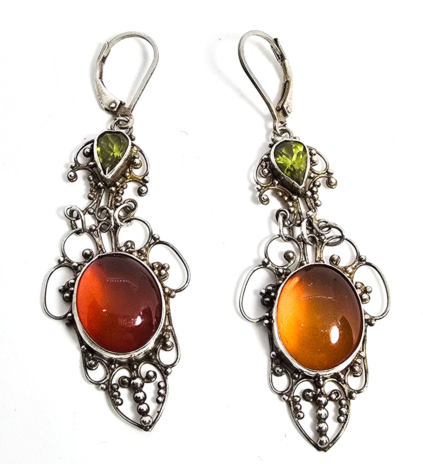Green peridot and amber filigree sterling silver lever back long drop earrings