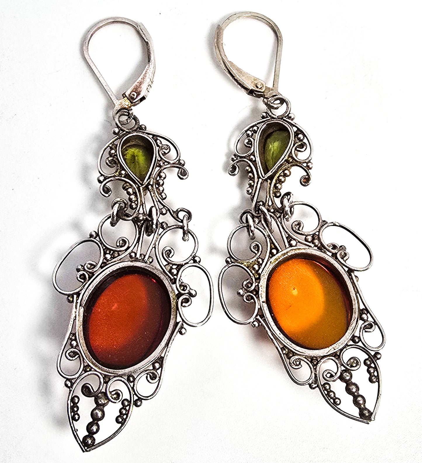 Green peridot and amber filigree sterling silver lever back long drop earrings