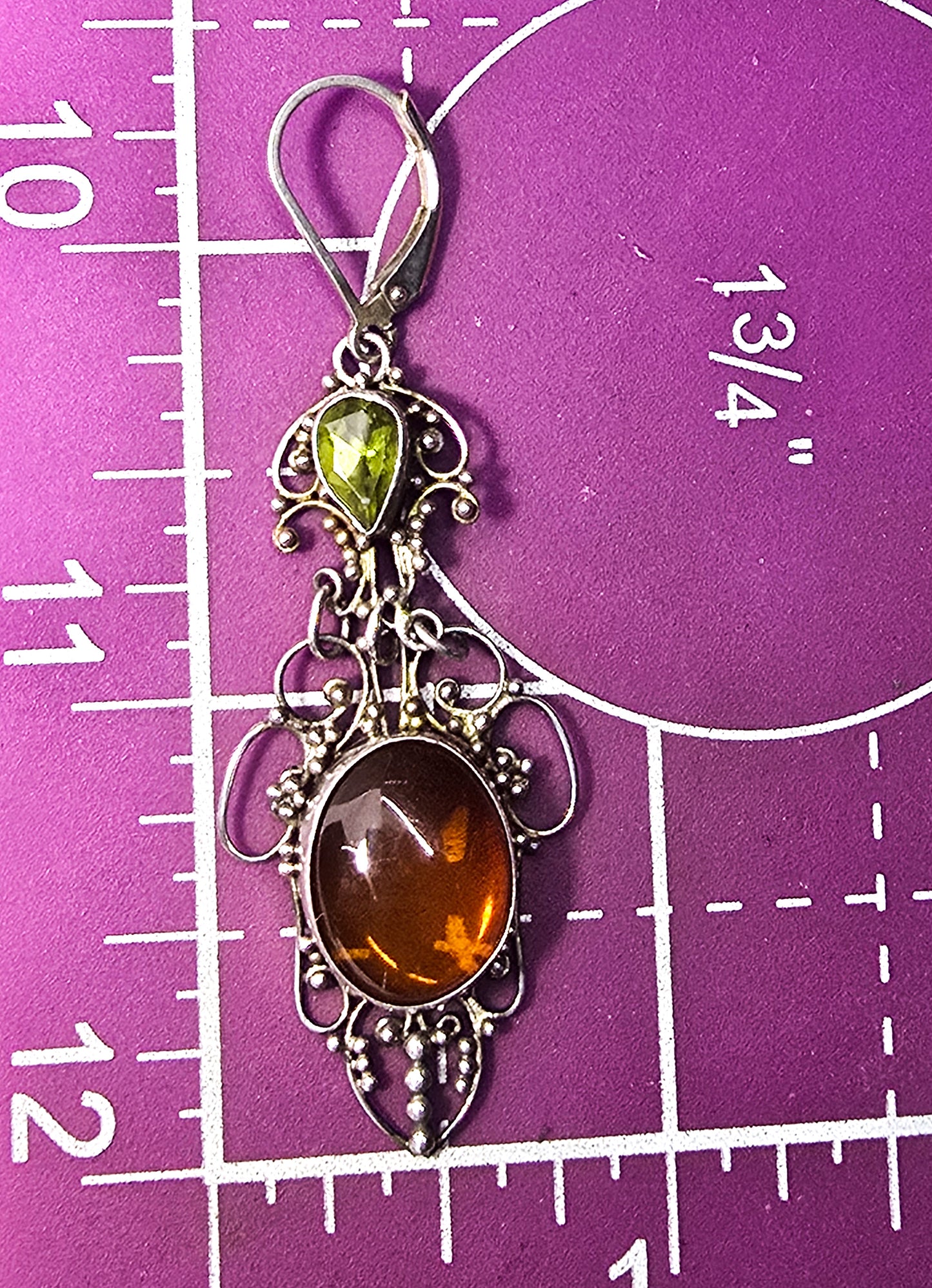 Green peridot and amber filigree sterling silver lever back long drop earrings