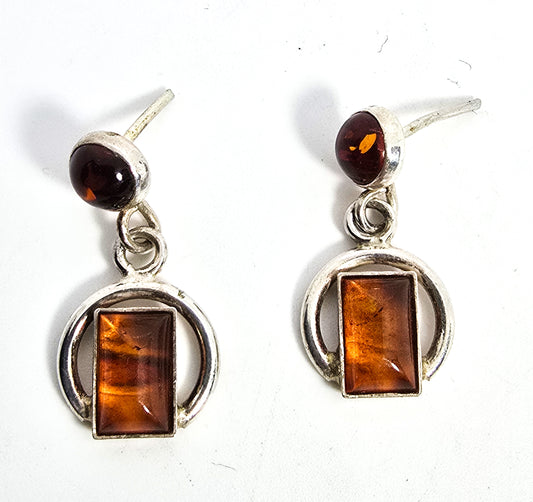 Modernist abstract cognac Baltic Amber drop vintage sterling silver post earrings