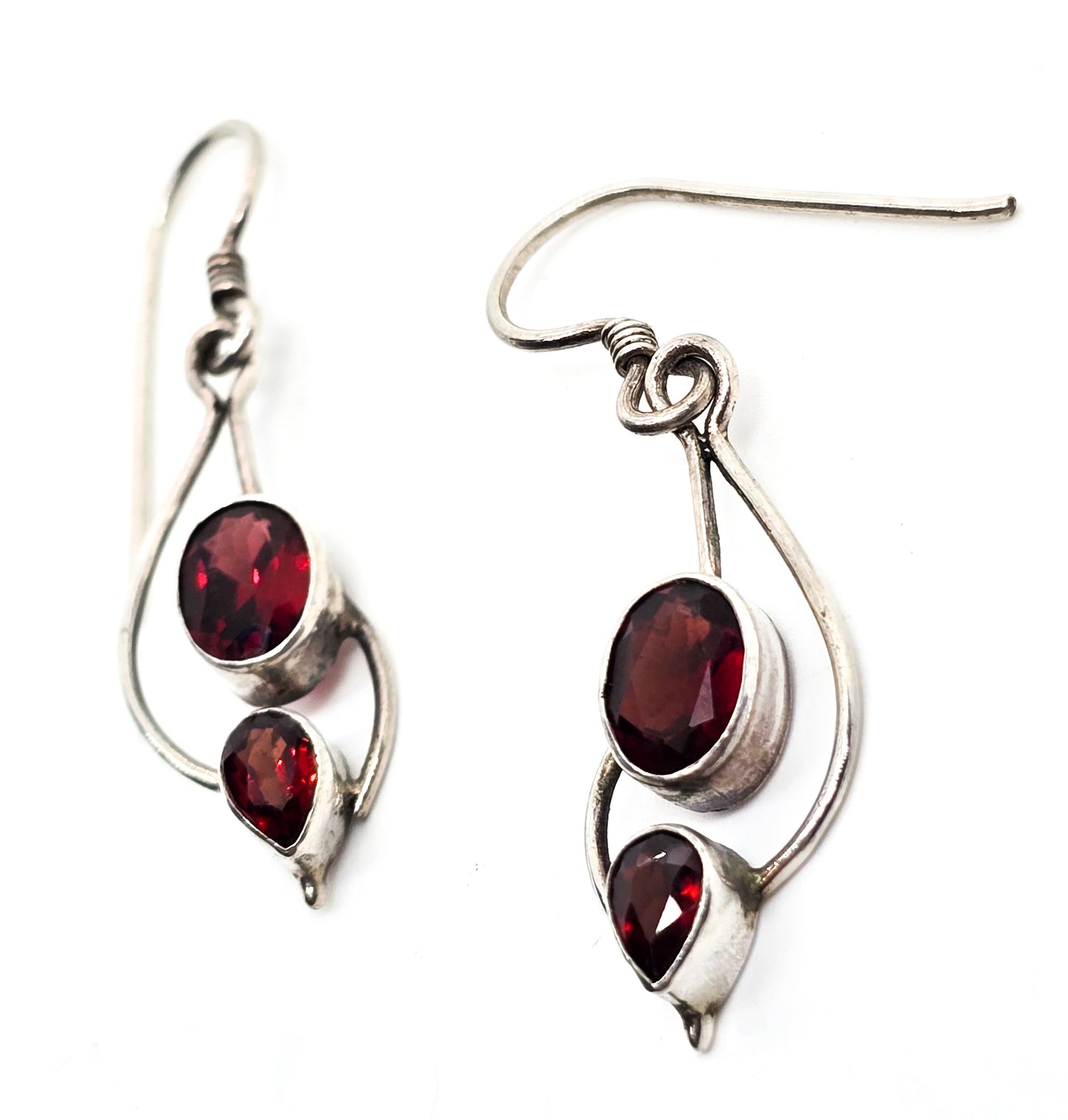 Garnet deep red large multi gemstone abstract sterling silver drop earrings