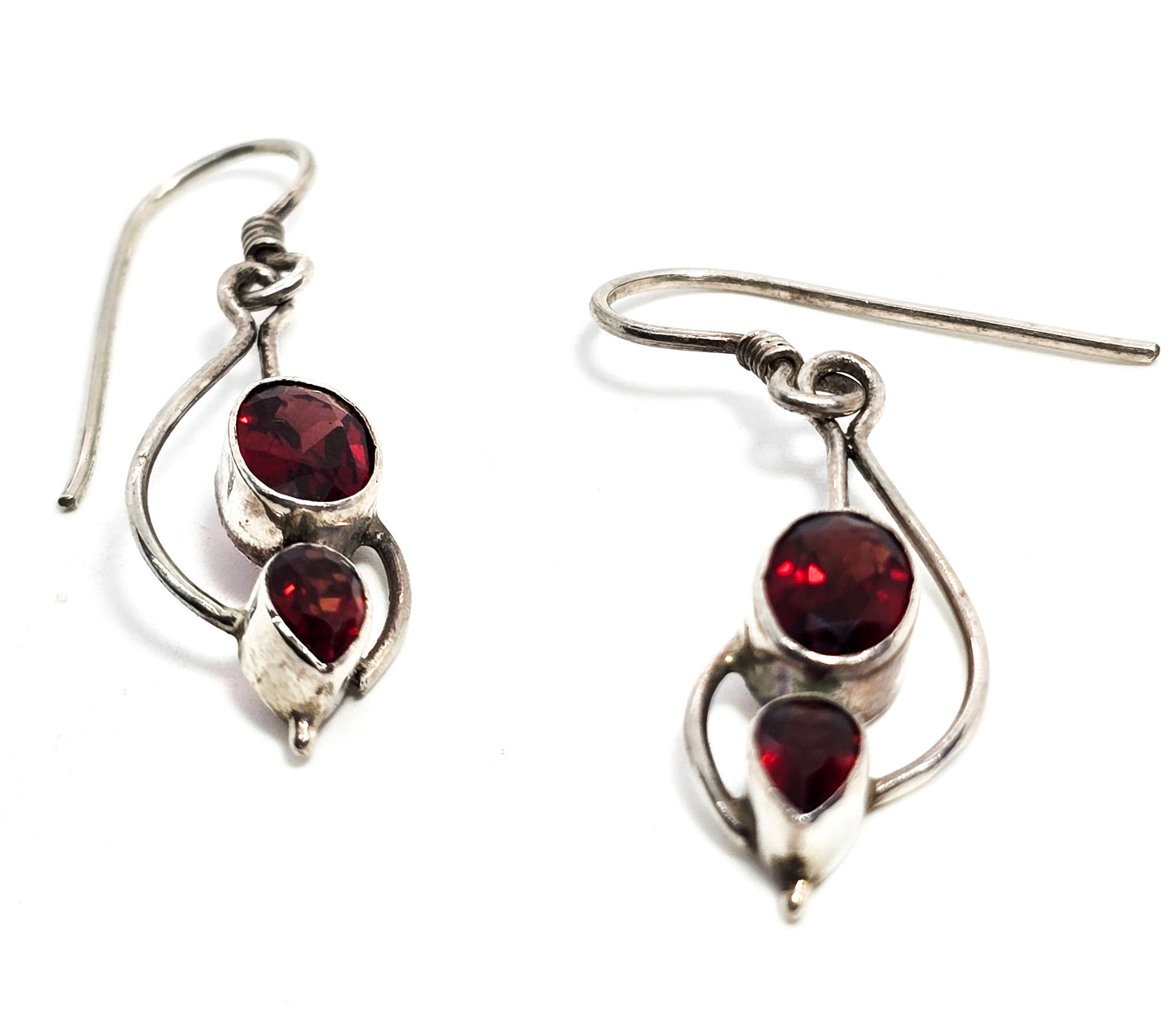 Garnet deep red large multi gemstone abstract sterling silver drop earrings