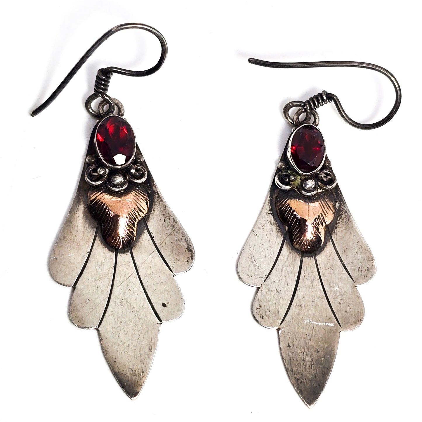 Garnet deep red two toned copper and sterling silver tribal Bali drop earrings