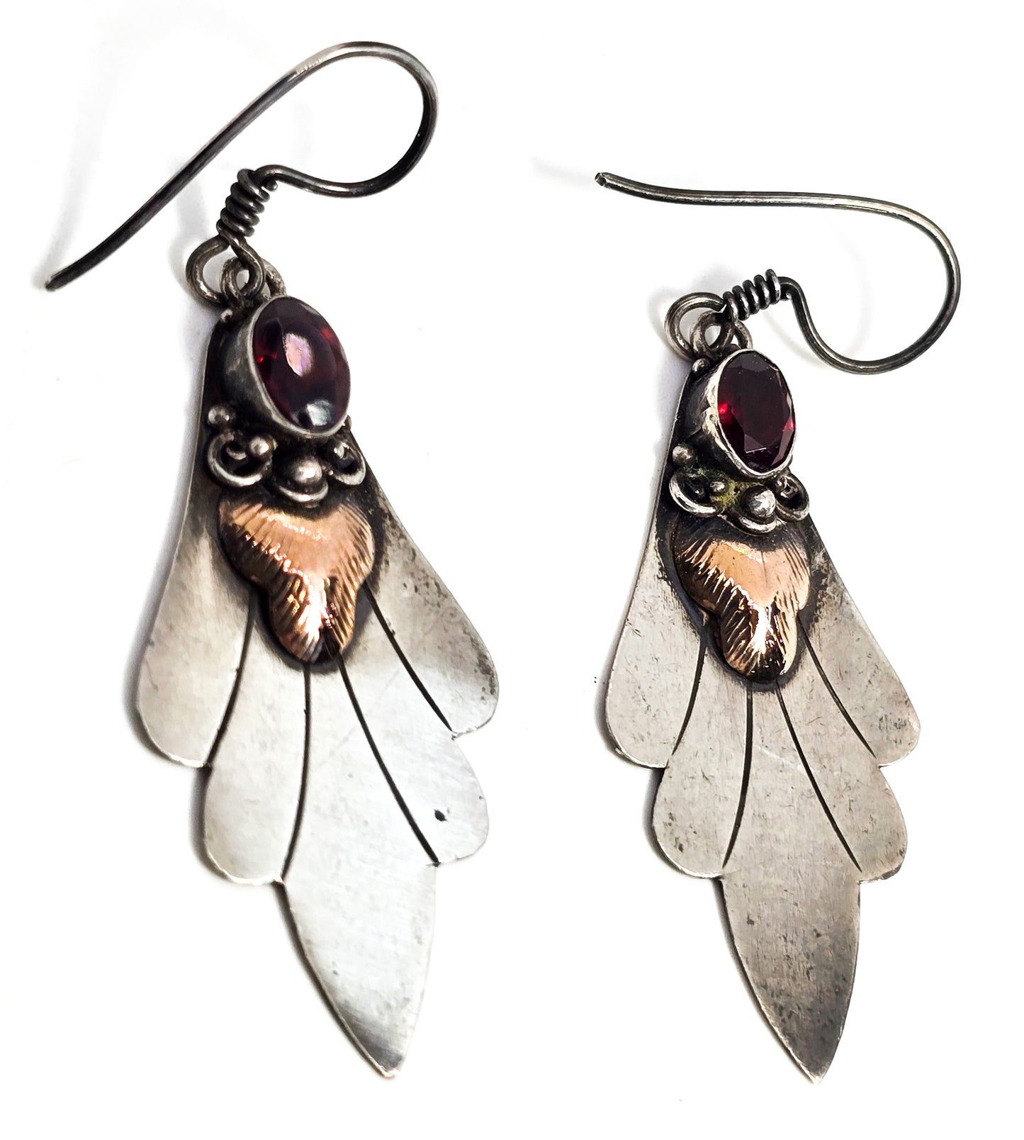 Garnet deep red two toned copper and sterling silver tribal Bali drop earrings