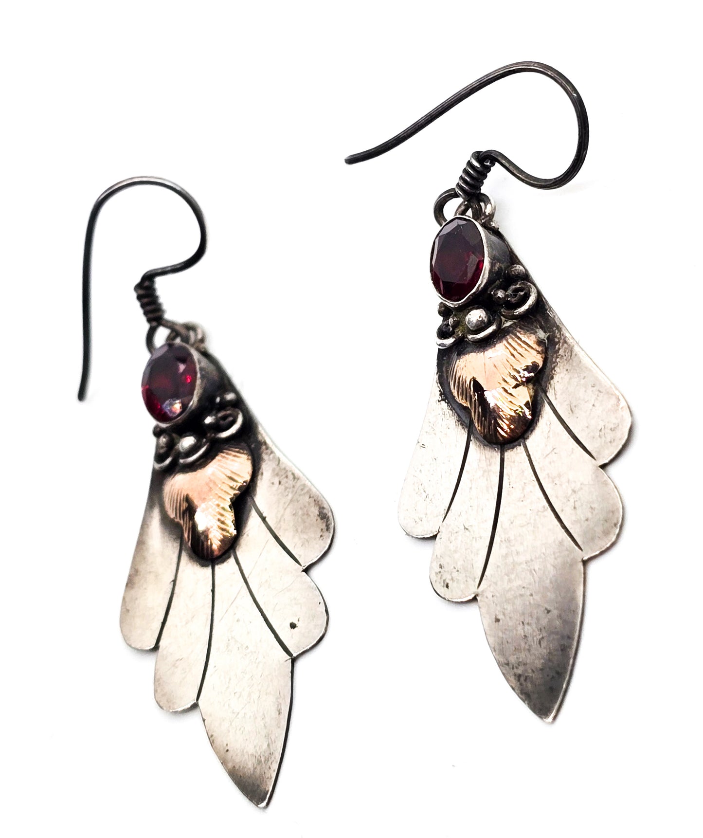 Garnet deep red two toned copper and sterling silver tribal Bali drop earrings