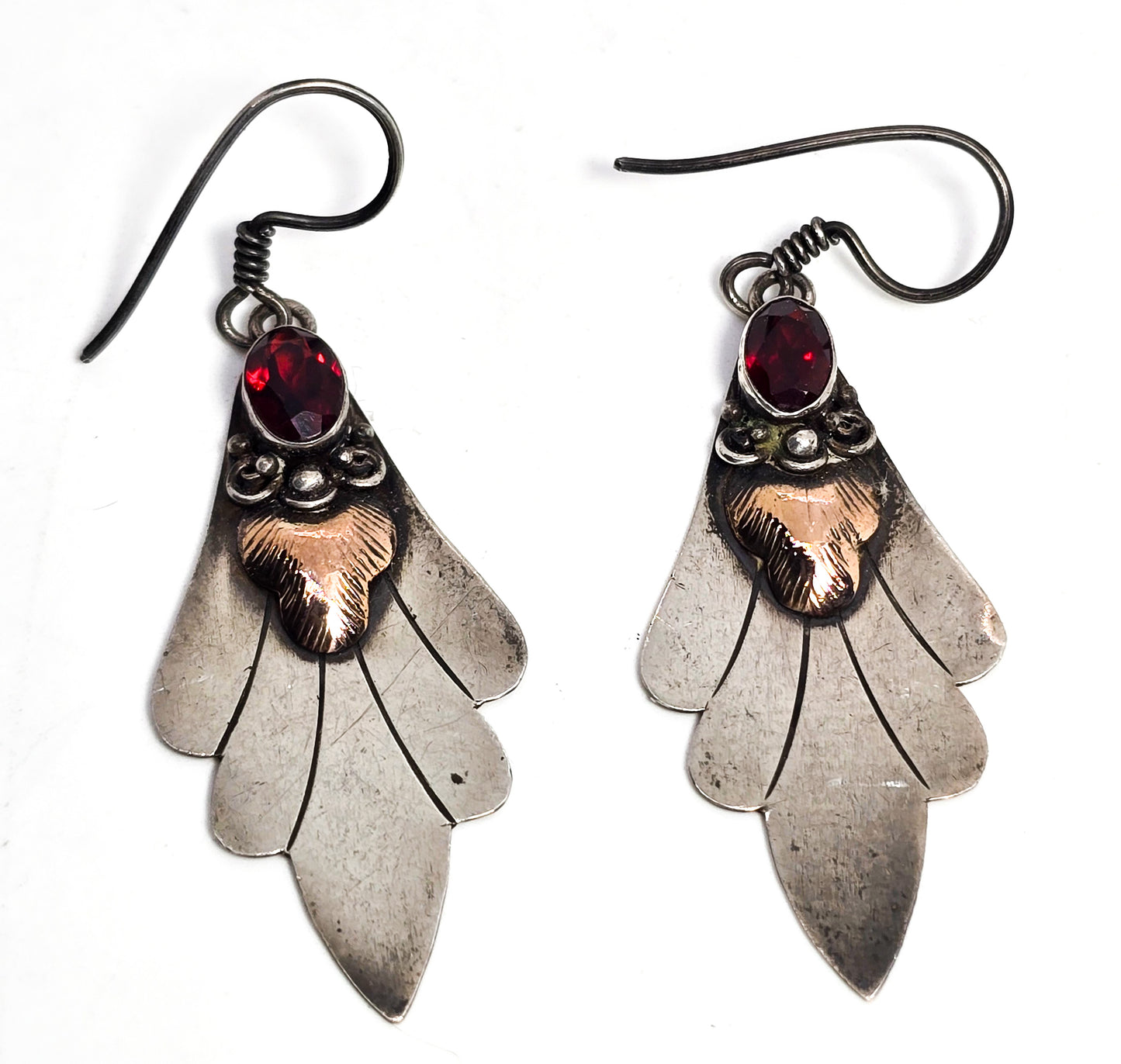 Garnet deep red two toned copper and sterling silver tribal Bali drop earrings