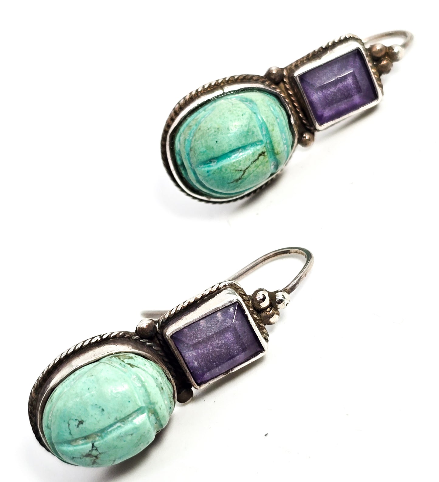 Scarab Egyptian Revival vintage sterling silver amethyst gemstone earrings