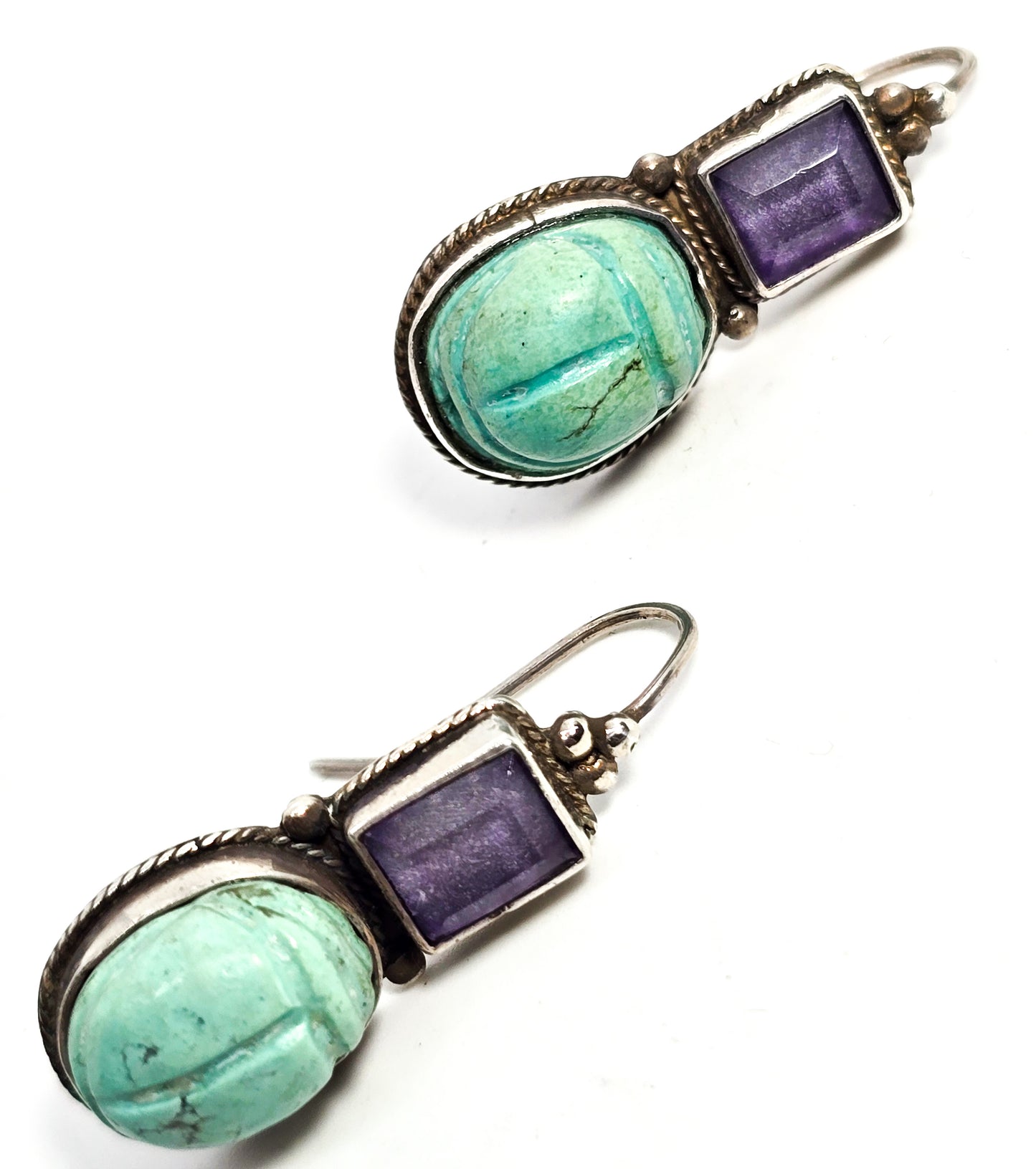 Scarab Egyptian Revival vintage sterling silver amethyst gemstone earrings