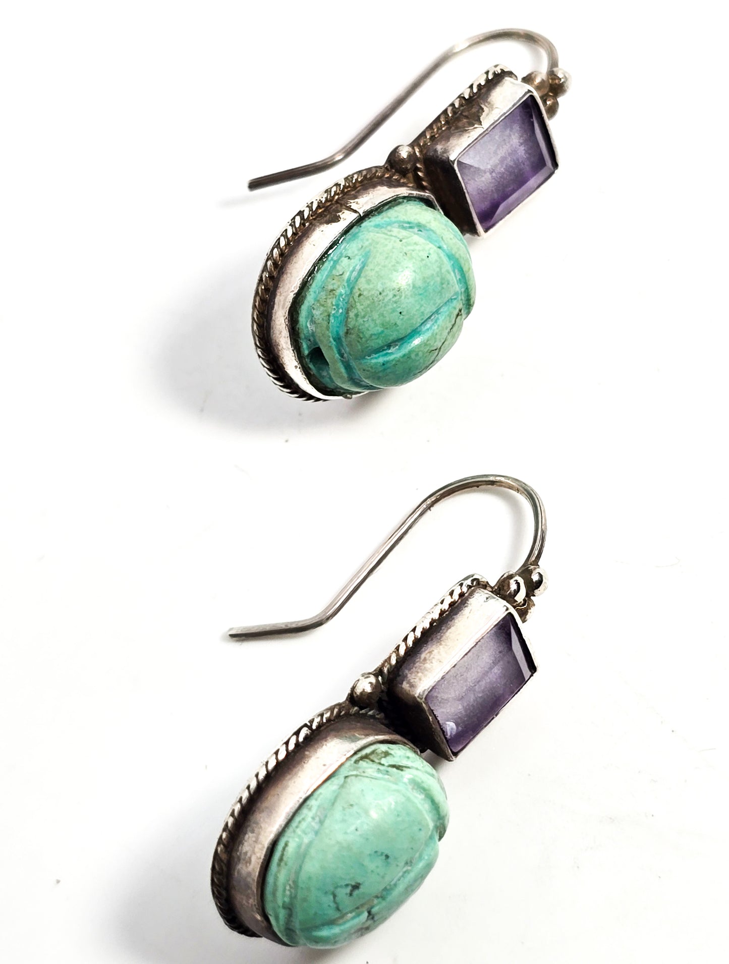 Scarab Egyptian Revival vintage sterling silver amethyst gemstone earrings