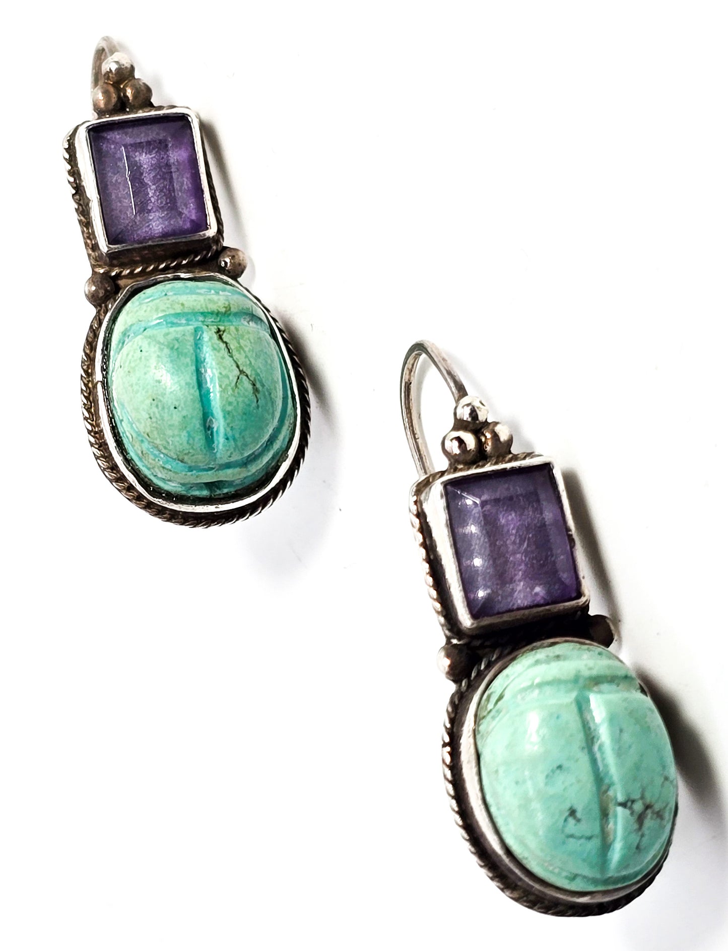Scarab Egyptian Revival vintage sterling silver amethyst gemstone earrings
