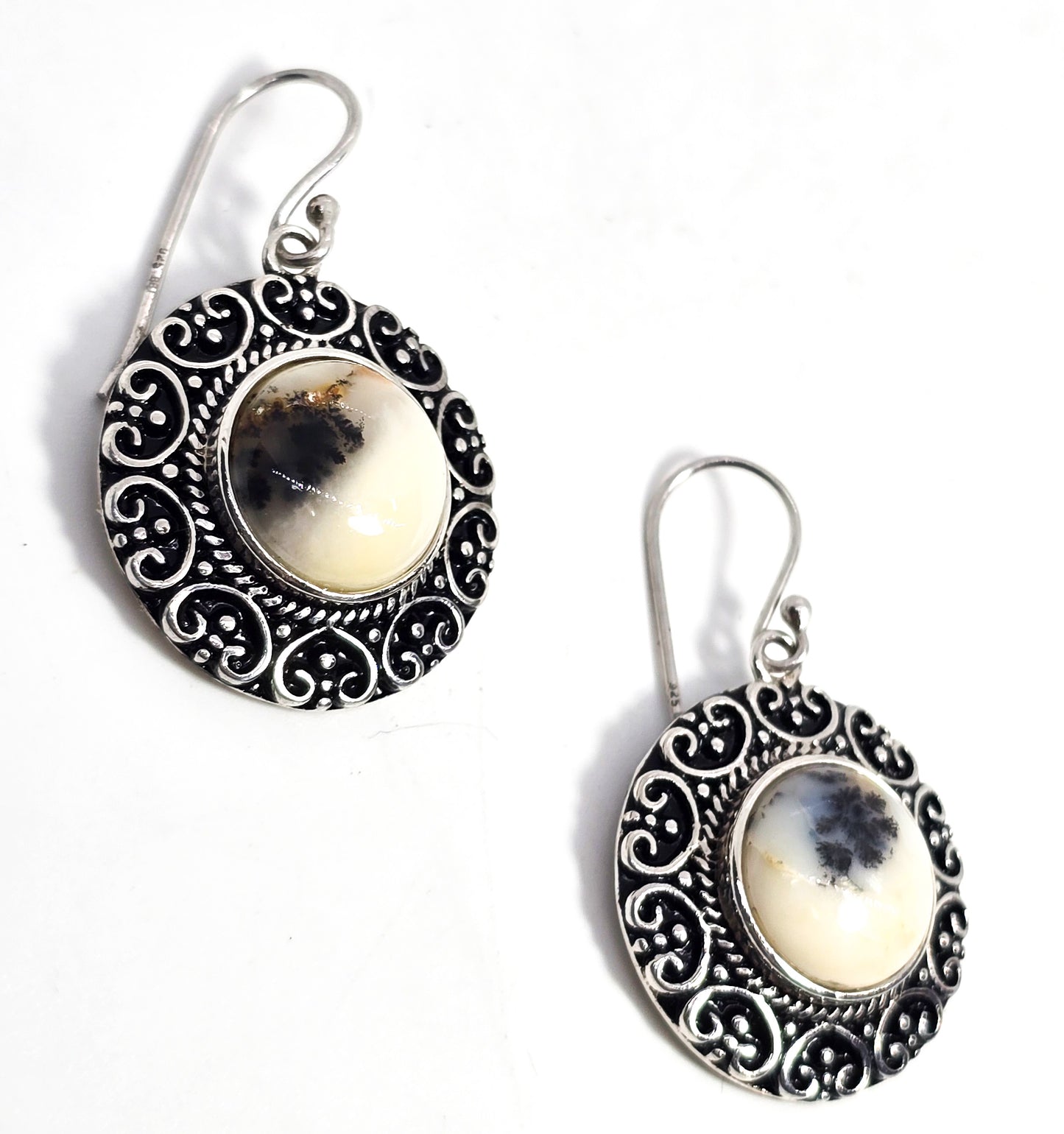 BBJ Dendritic agate round disc sterling silver tribal Bali style drop earrings