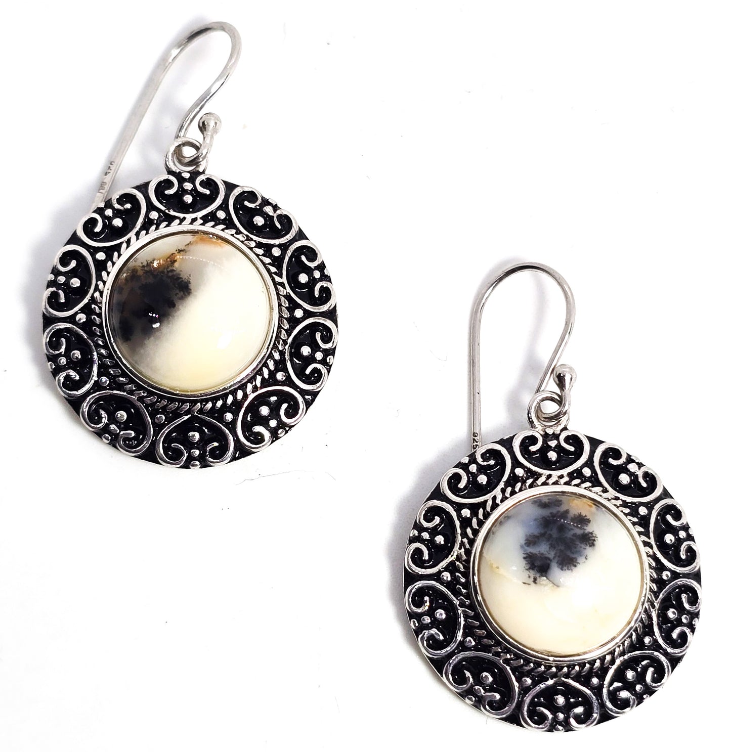 BBJ Dendritic agate round disc sterling silver tribal Bali style drop earrings