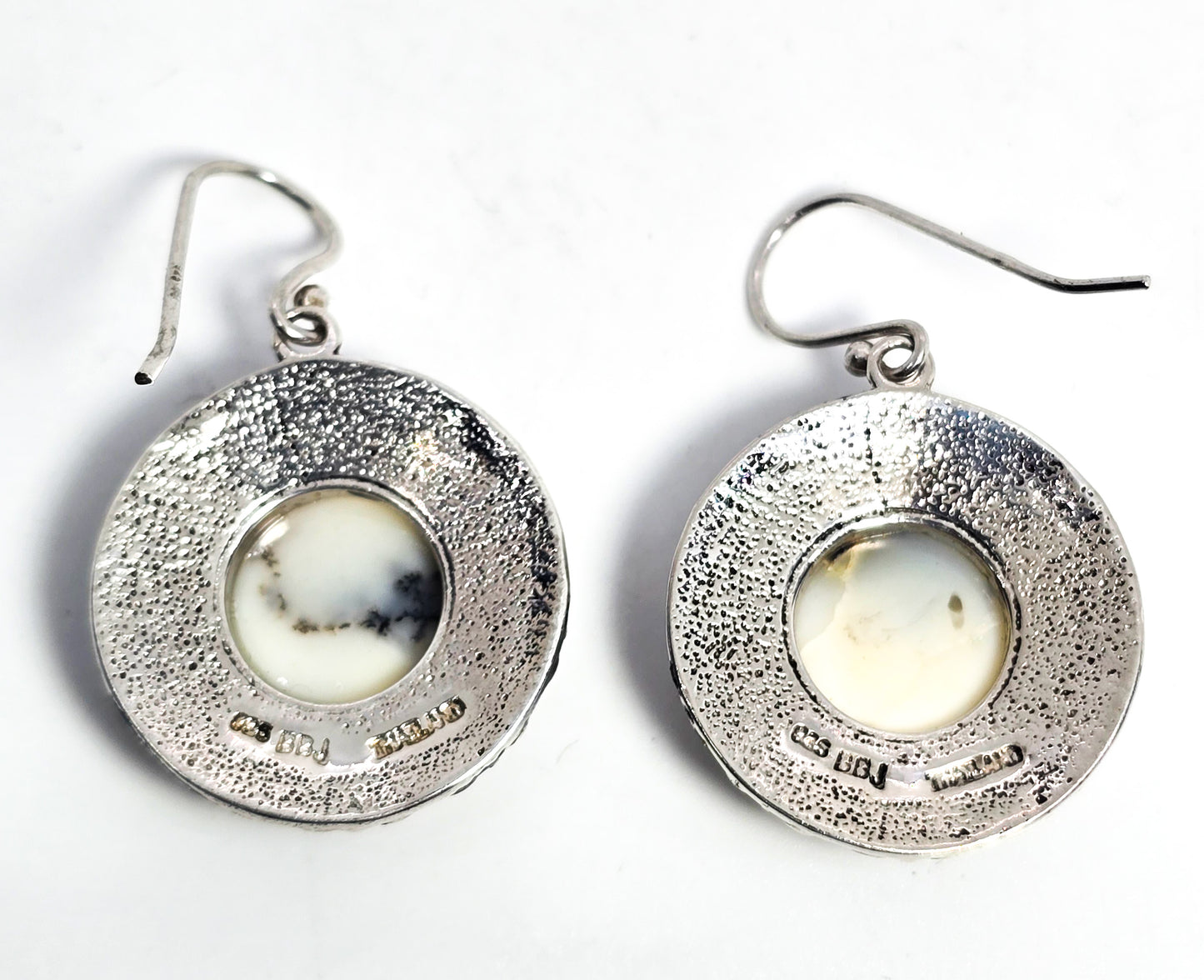 BBJ Dendritic agate round disc sterling silver tribal Bali style drop earrings