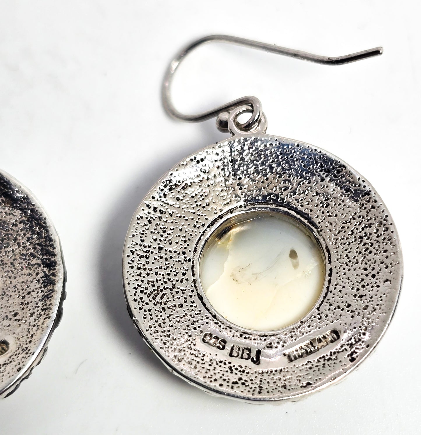 BBJ Dendritic agate round disc sterling silver tribal Bali style drop earrings