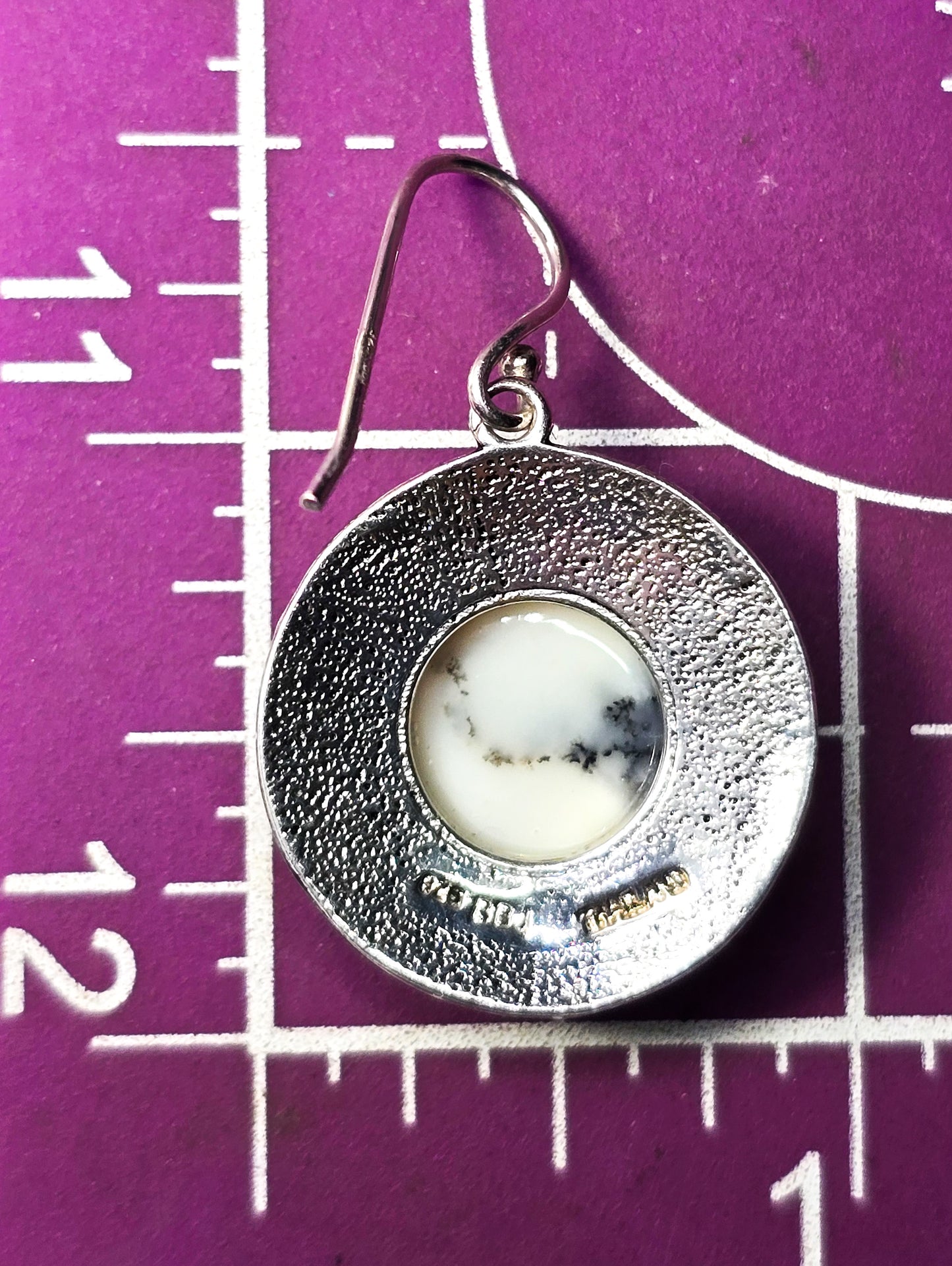 BBJ Dendritic agate round disc sterling silver tribal Bali style drop earrings